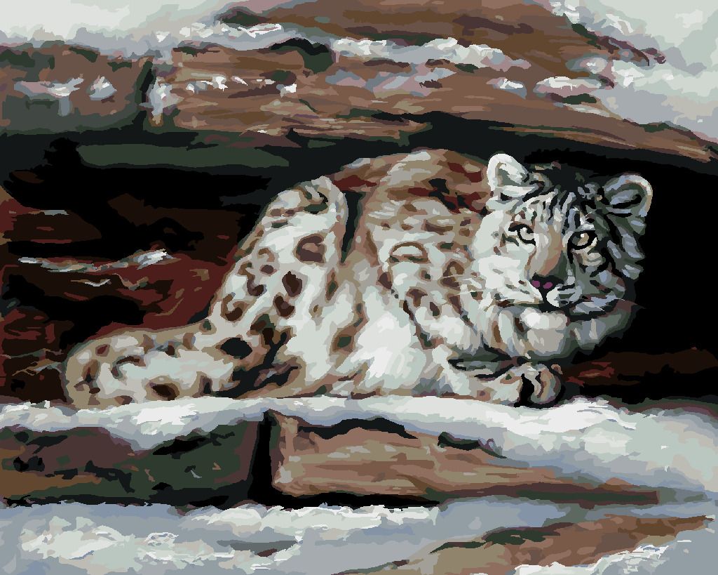 zuty Malování podle čísel - SNĚŽNÝ LEOPARD V ÚKRYTU (D. RUSTY RUST) - Rozměr: 40x50 cm, Rámování: Varianta: bez rámu a bez vypnutí plátna - obrázek 3