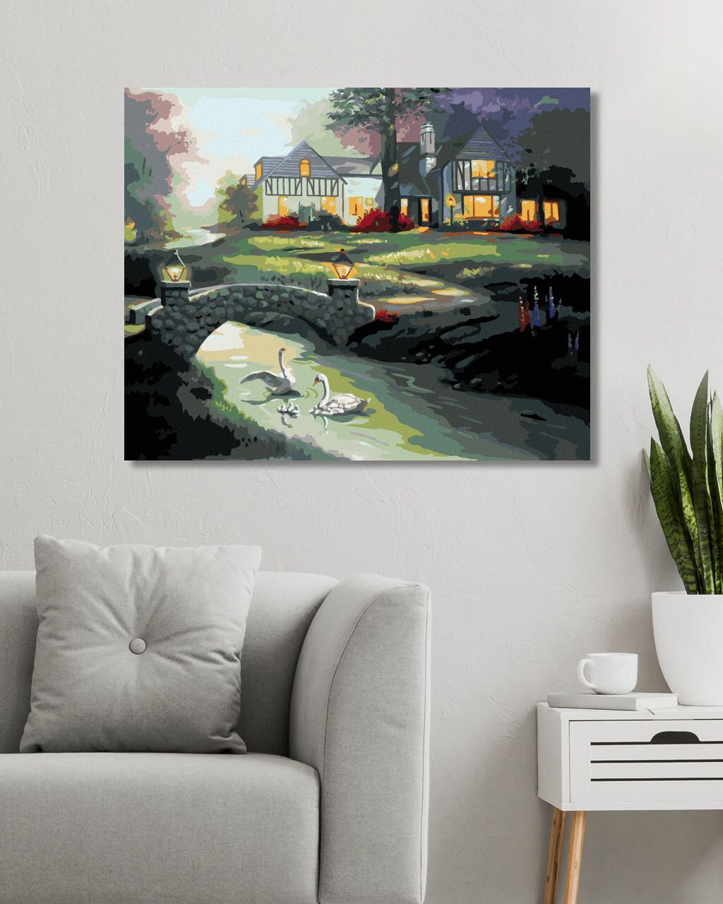 zuty Malování podle čísel - LABUTĚ NA ŘECE A DŮM (D. RUSTY RUST) - Rozměr: 40x50 cm, Rámování: Varianta: bez rámu a bez vypnutí plátna - obrázek 2