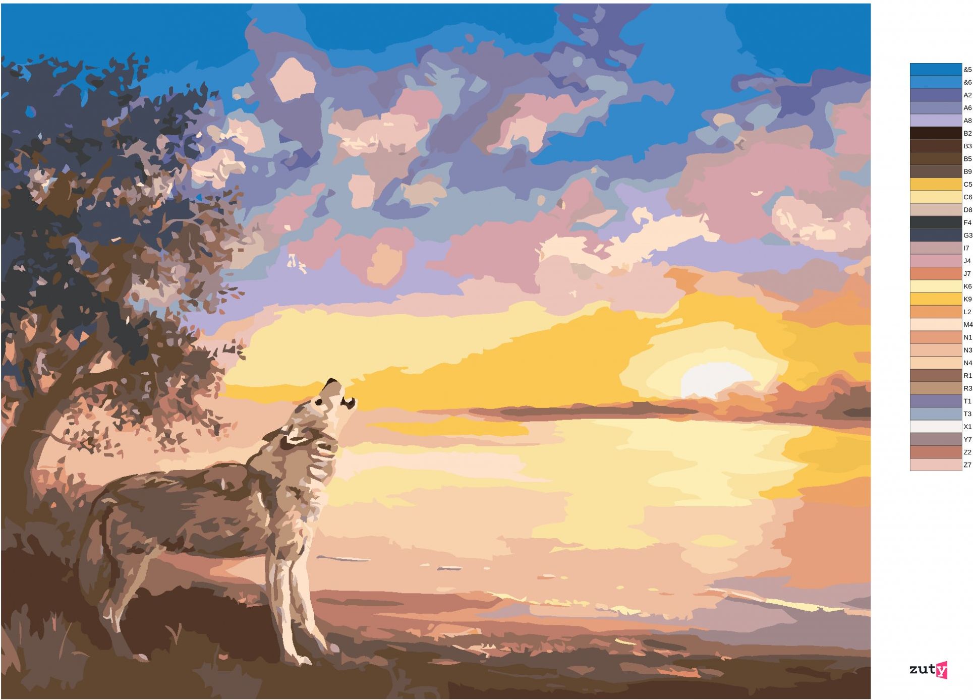 zuty Malování podle čísel - VYJÍCÍ VLK A ZÁPAD SLUNCE U VODY (D. RUSTY RUST) - Rozměr: 40x50 cm, Rámování: Varianta: vypnuté plátno na rám - obrázek 10