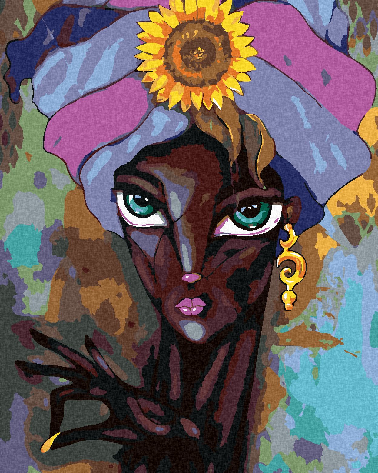 zuty Malování podle čísel - AFRICKÁ ŽENA SE SLUNEČNICÍ - Rozměr: 40x50 cm, Rámování: Varianta: vypnuté plátno na rám - obrázek 1