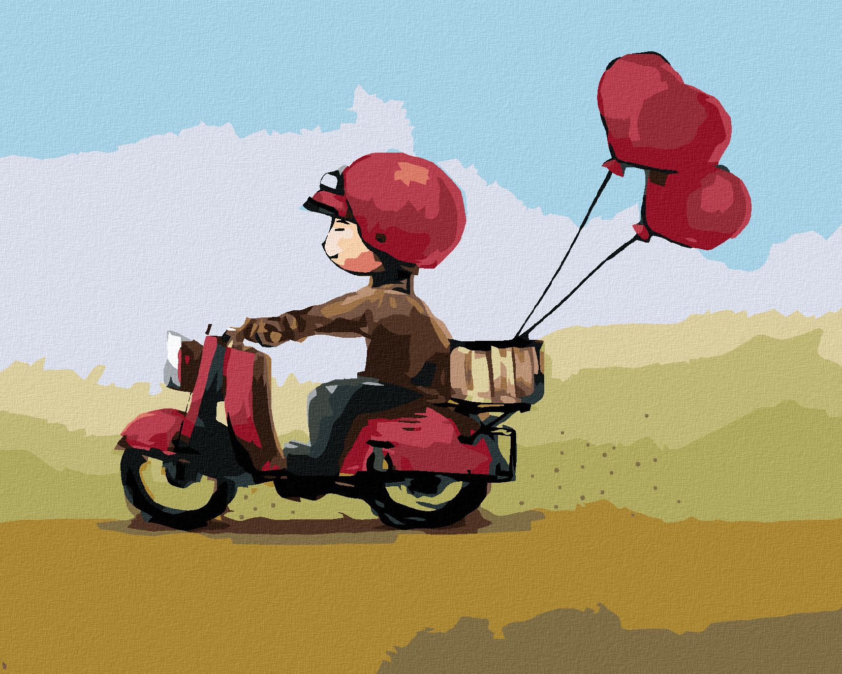 zuty Malování podle čísel - KLUK SE SRDÍČKOVÝMI BALÓNKY NA SKÚTRU - Rozměr: 40x50 cm, Rámování: Varianta: bez rámu a bez vypnutí plátna - obrázek 1