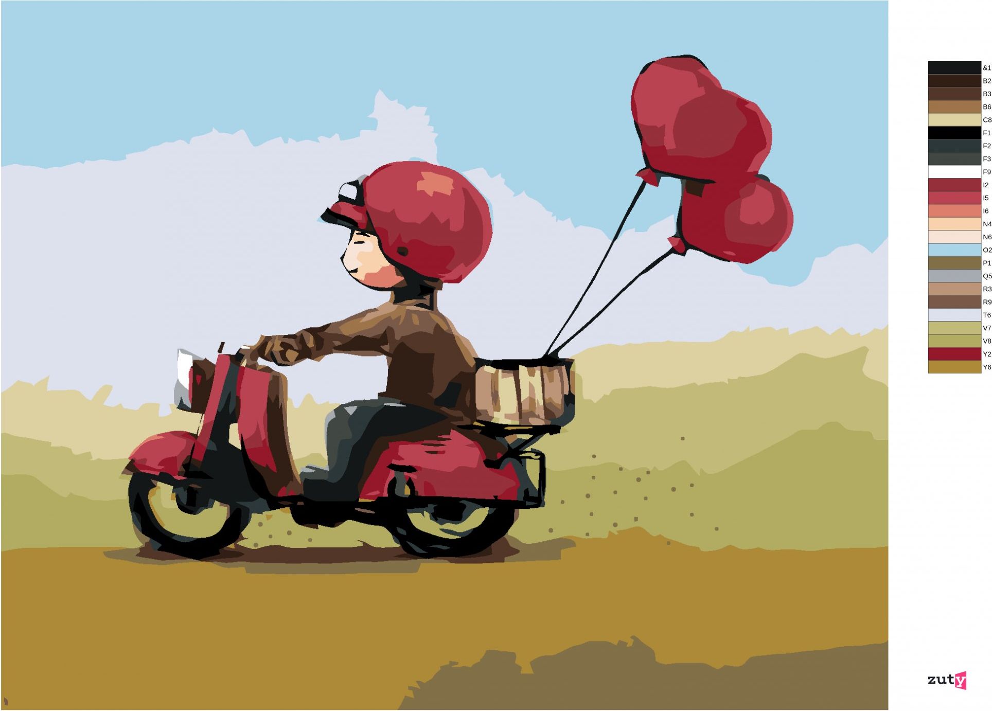 zuty Malování podle čísel - KLUK SE SRDÍČKOVÝMI BALÓNKY NA SKÚTRU - Rozměr: 40x50 cm, Rámování: Varianta: bez rámu a bez vypnutí plátna - obrázek 7