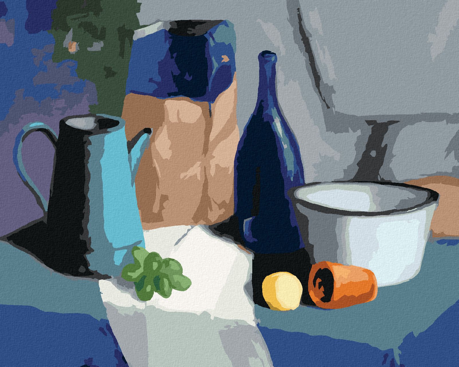 zuty Malování podle čísel - ZÁTIŠÍ HROZNŮ, LÁHVE, MISKY A MANDARINKY - Rozměr: 40x50 cm, Rámování: Varianta: vypnuté plátno na rám - obrázek 1