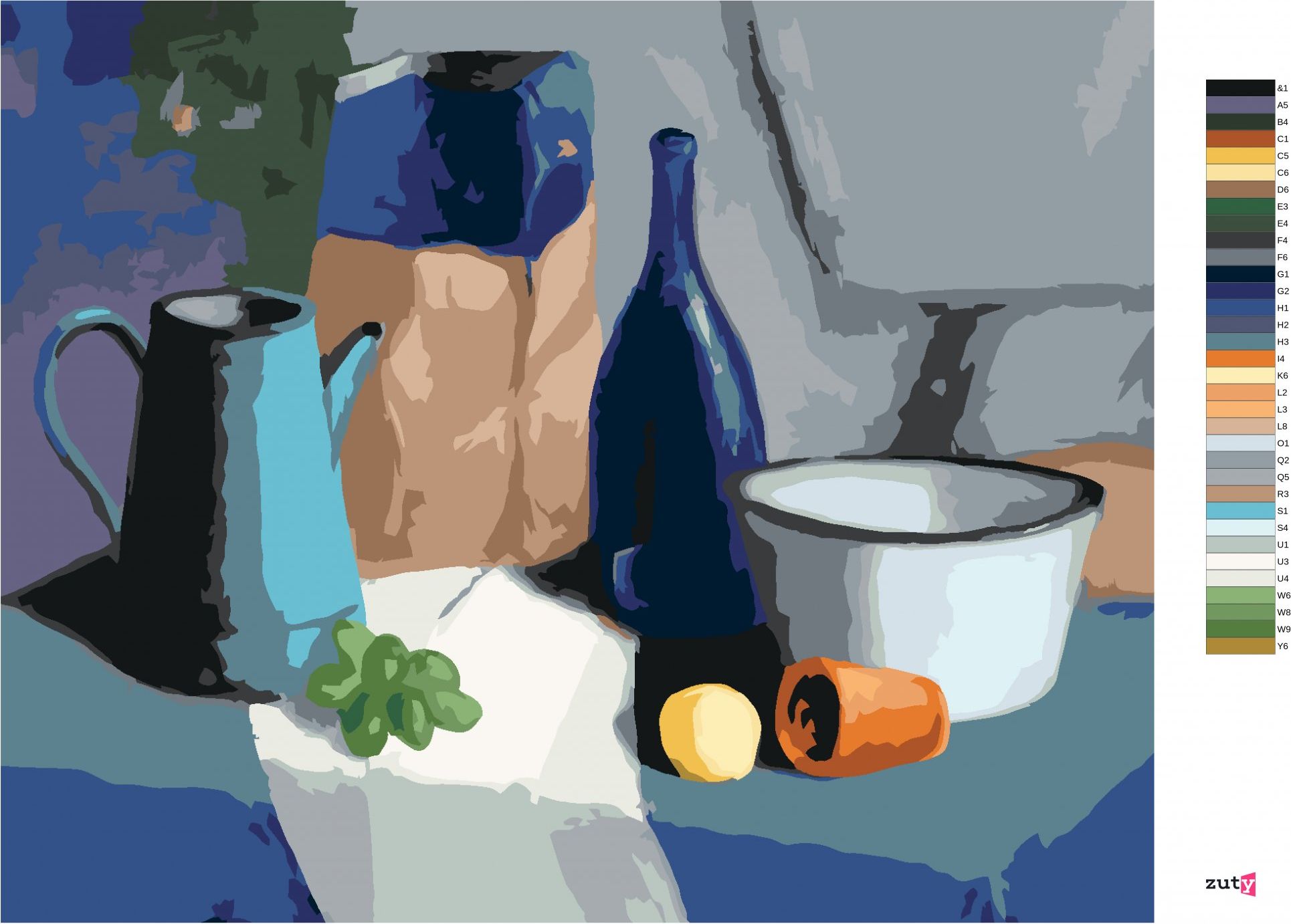 zuty Malování podle čísel - ZÁTIŠÍ HROZNŮ, LÁHVE, MISKY A MANDARINKY - Rozměr: 40x50 cm, Rámování: Varianta: vypnuté plátno na rám - obrázek 4