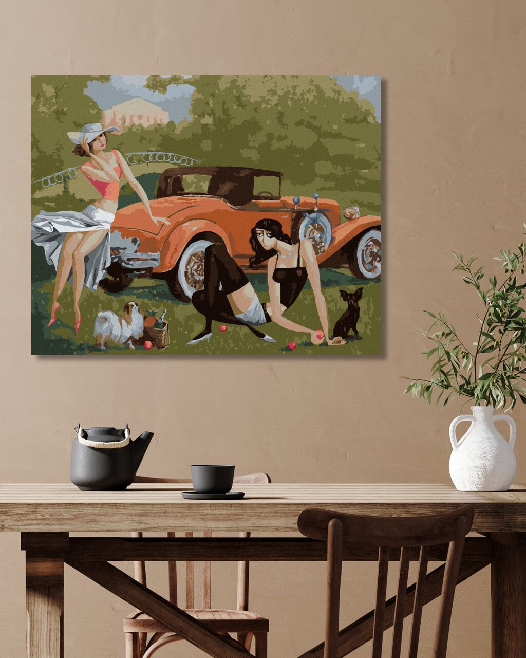 zuty Malování podle čísel - DÁMY SE PSY U AUTA - Rozměr: 40x50 cm, Rámování: Varianta: vypnuté plátno na rám - obrázek 2