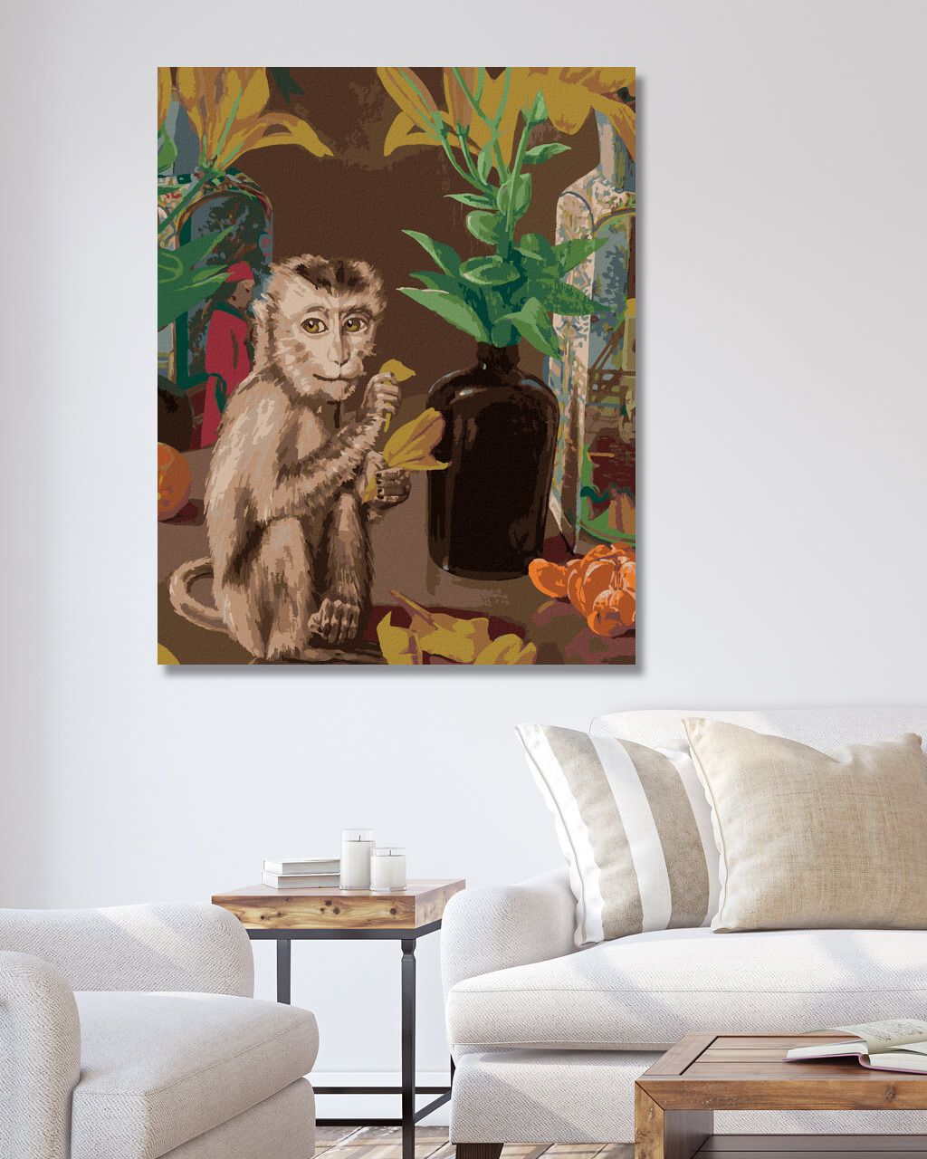zuty Malování podle čísel - OPICE HRAJÍCÍ SI S LÍSTKY - Rozměr: 40x50 cm, Rámování: Varianta: vypnuté plátno na rám - obrázek 4