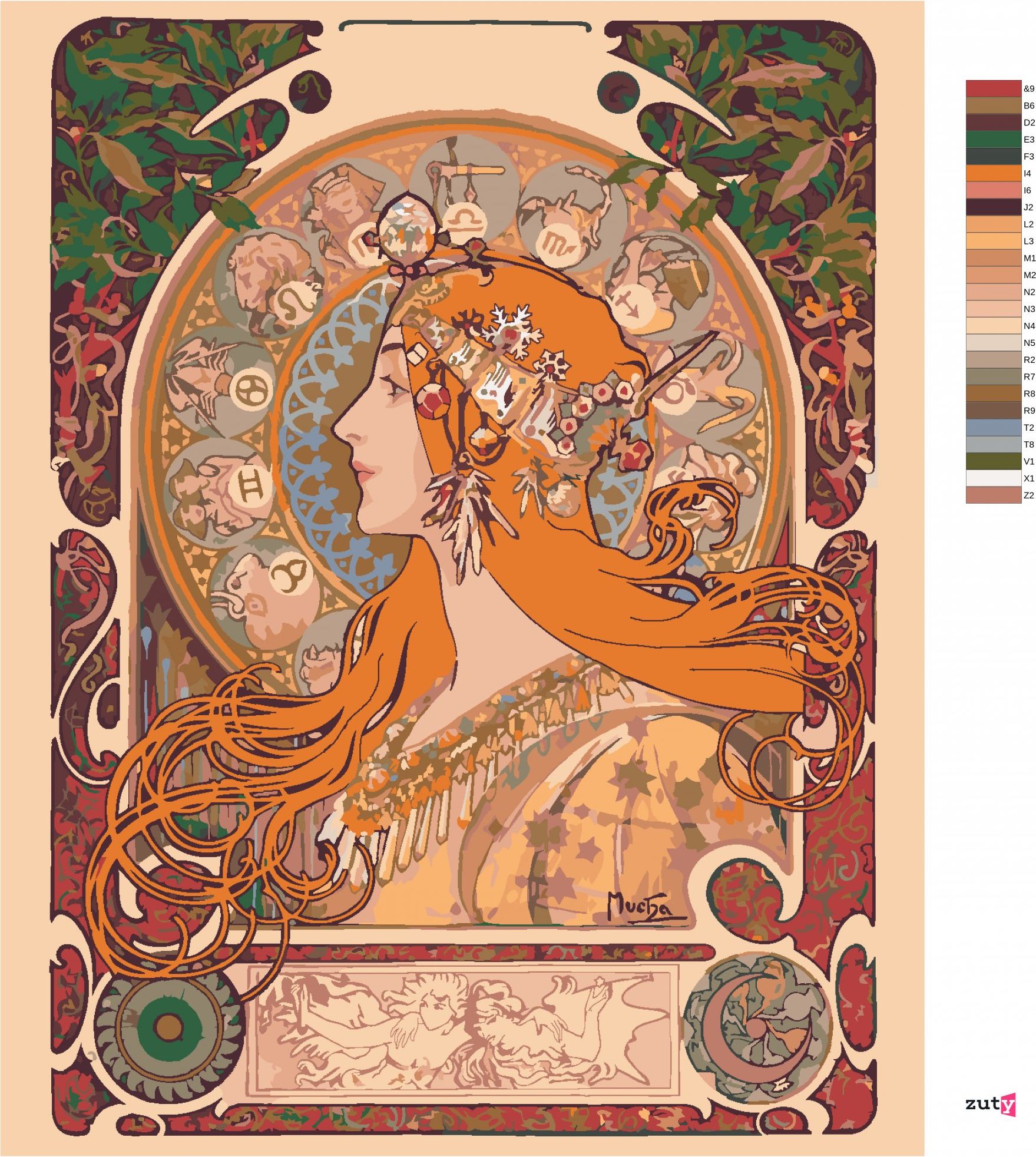 zuty Malování podle čísel - ZVĚROKRUH (ALFONS MUCHA) - Rozměr: 40x50 cm, Rámování: Varianta: bez rámu a bez vypnutí plátna - obrázek 5