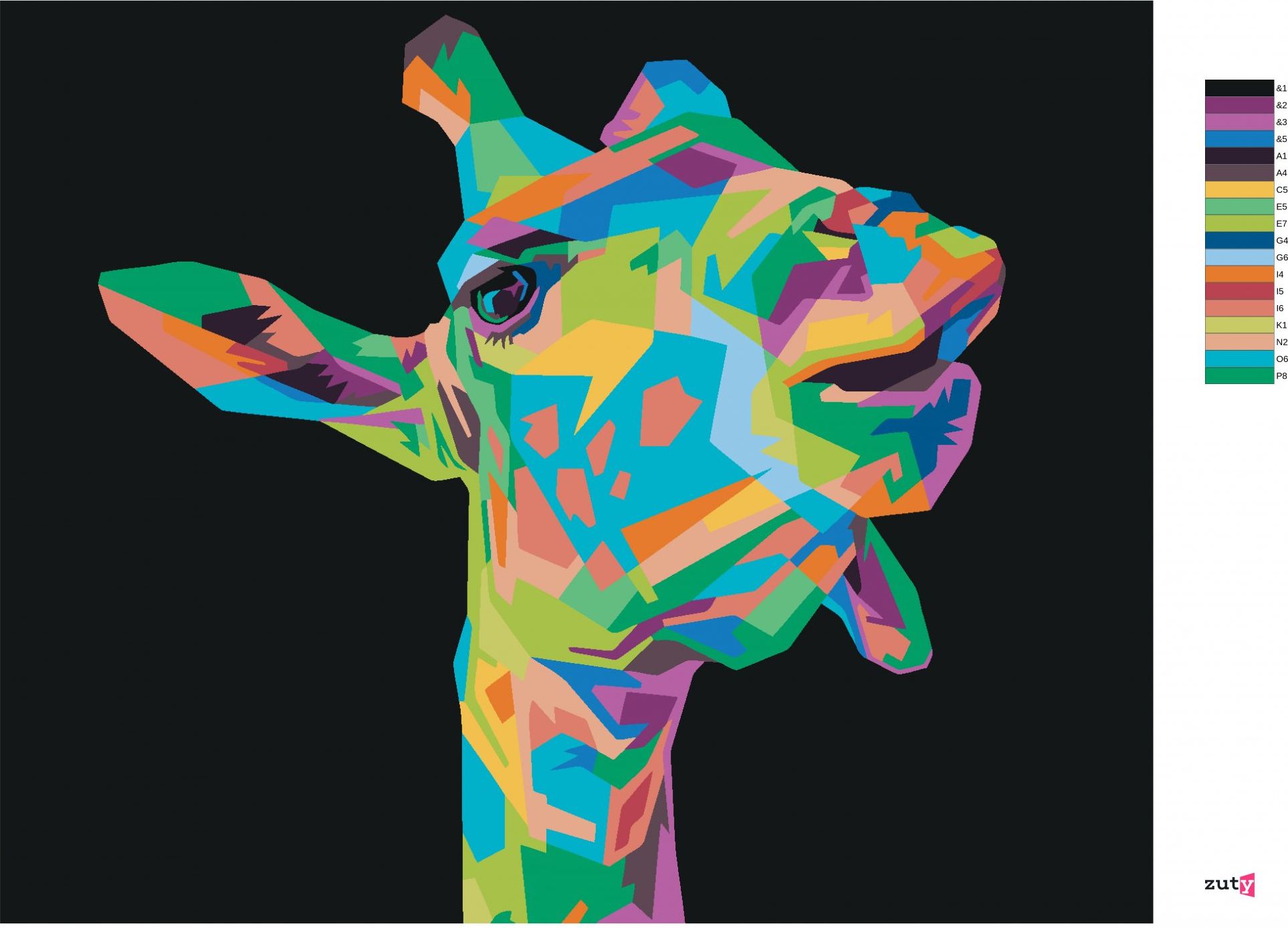 zuty Malování podle čísel - POP-ART ŽIRAFA NA ČERNÉM POZADÍ - Rozměr: 40x50 cm, Rámování: Varianta: bez rámu a bez vypnutí plátna - obrázek 6