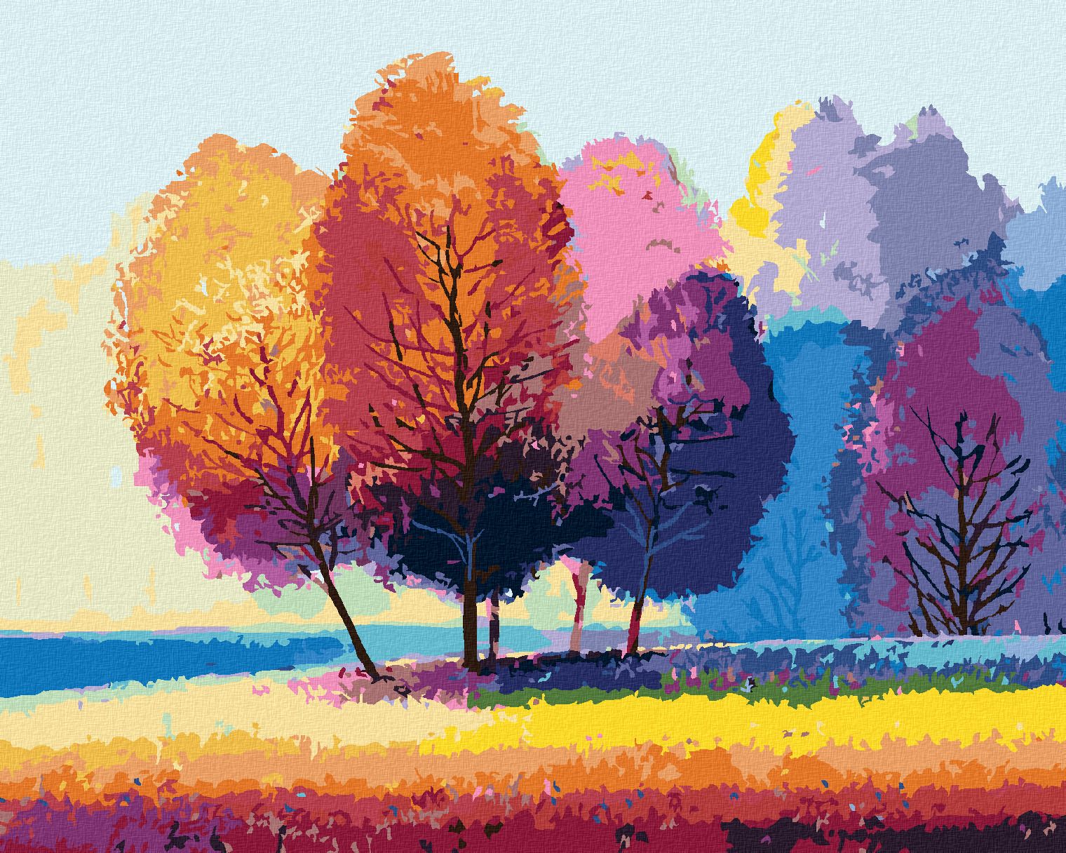 zuty Malování podle čísel - BAREVNÉ STROMY NA KRAJI LESA - Rozměr: 40x50 cm, Rámování: Varianta: vypnuté plátno na rám - obrázek 1