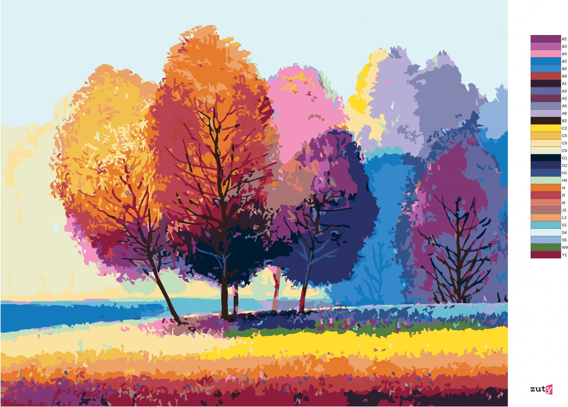 zuty Malování podle čísel - BAREVNÉ STROMY NA KRAJI LESA - Rozměr: 40x50 cm, Rámování: Varianta: vypnuté plátno na rám - obrázek 10