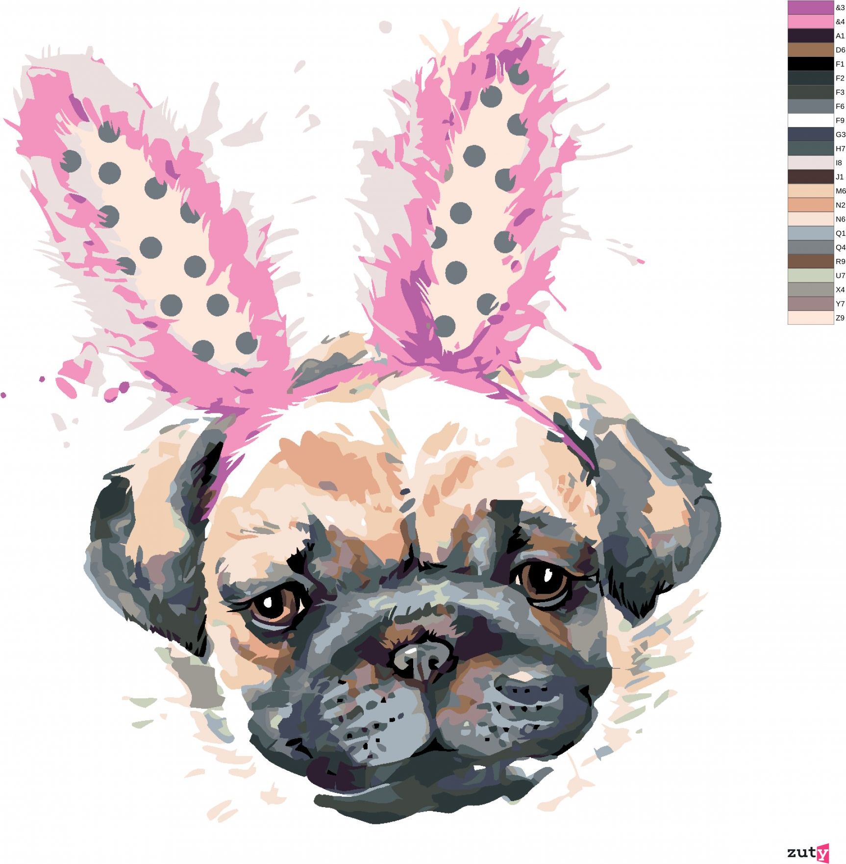 zuty Malování podle čísel - MOPS S ČELENKOU - Rozměr: 40x50 cm, Rámování: Varianta: vypnuté plátno na rám - obrázek 9