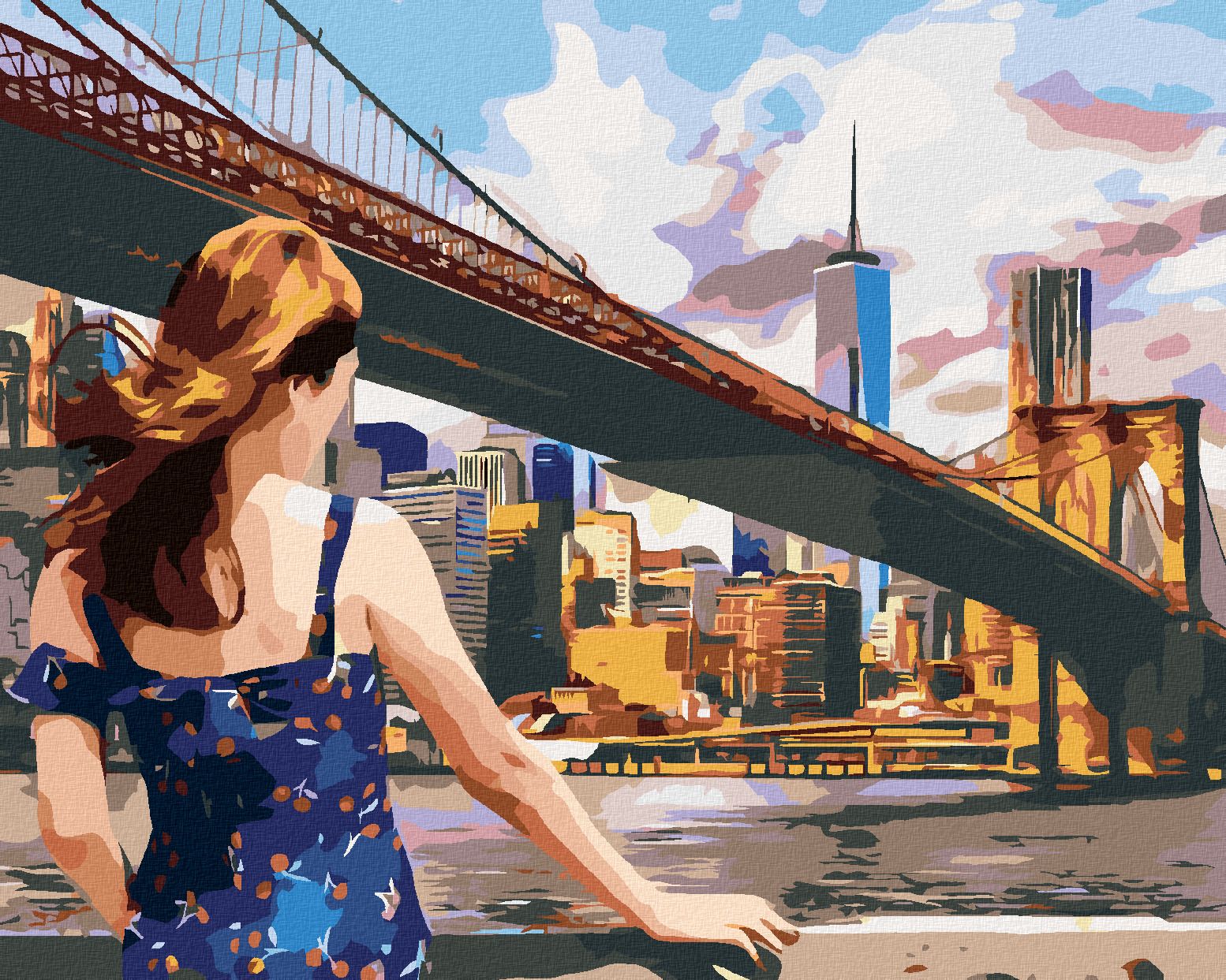 zuty Malování podle čísel - ŽENA U BROOKLYN BRIDGE V NEW YORKU - Rozměr: 40x50 cm, Rámování: Varianta: vypnuté plátno na rám - obrázek 1