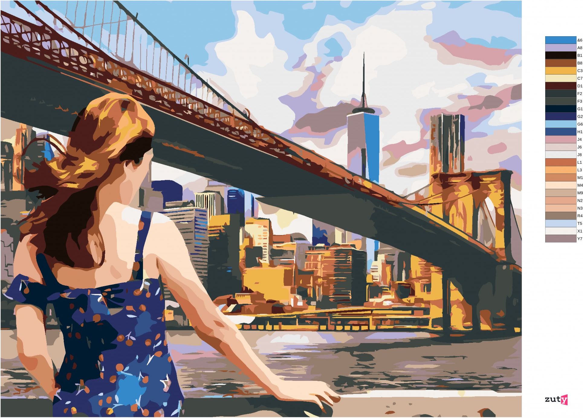 zuty Malování podle čísel - ŽENA U BROOKLYN BRIDGE V NEW YORKU - Rozměr: 40x50 cm, Rámování: Varianta: vypnuté plátno na rám - obrázek 3