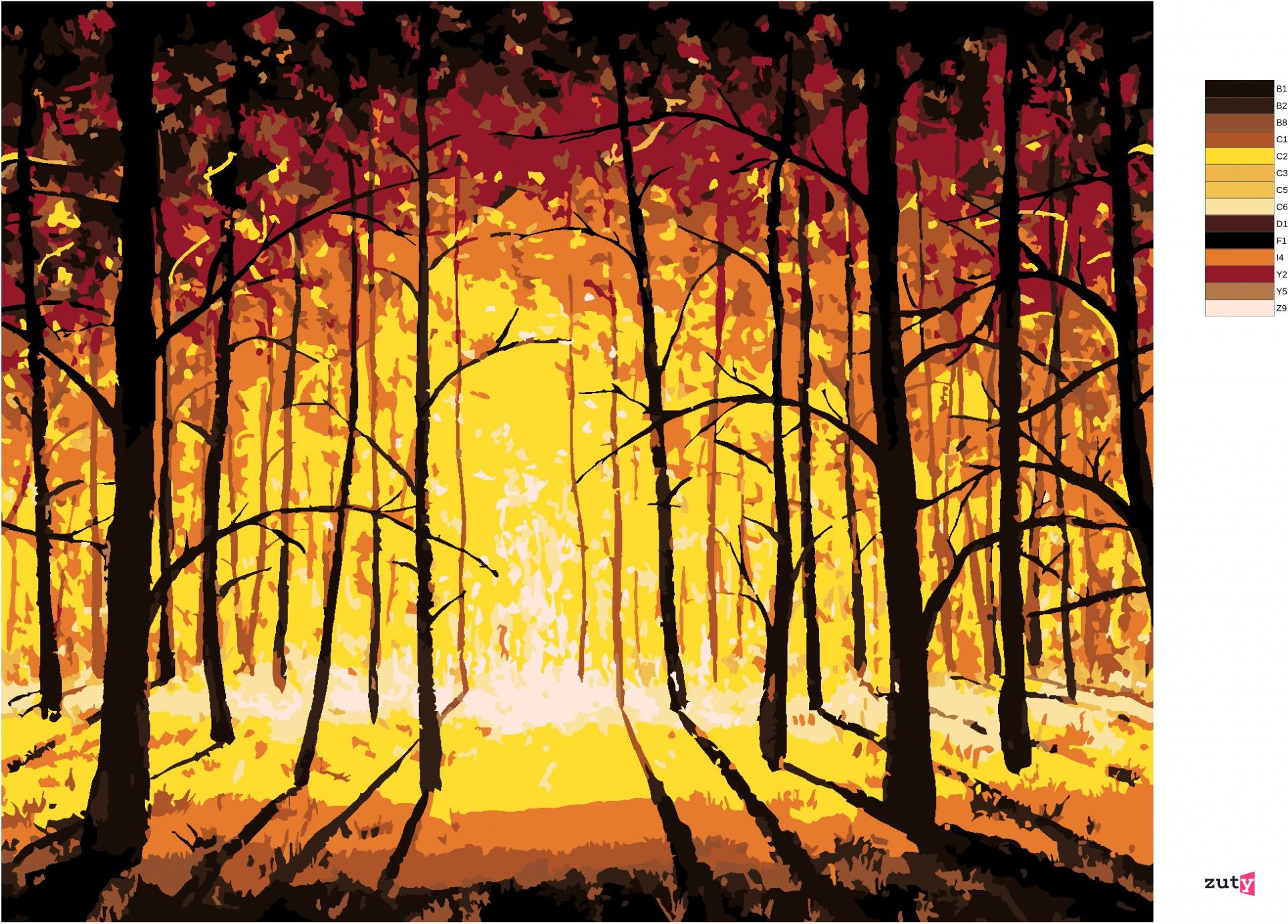 zuty Malování podle čísel - ZÁPAD SLUNCE V PODZIMNÍM LESE - Rozměr: 40x50 cm, Rámování: Varianta: vypnuté plátno na rám - obrázek 5