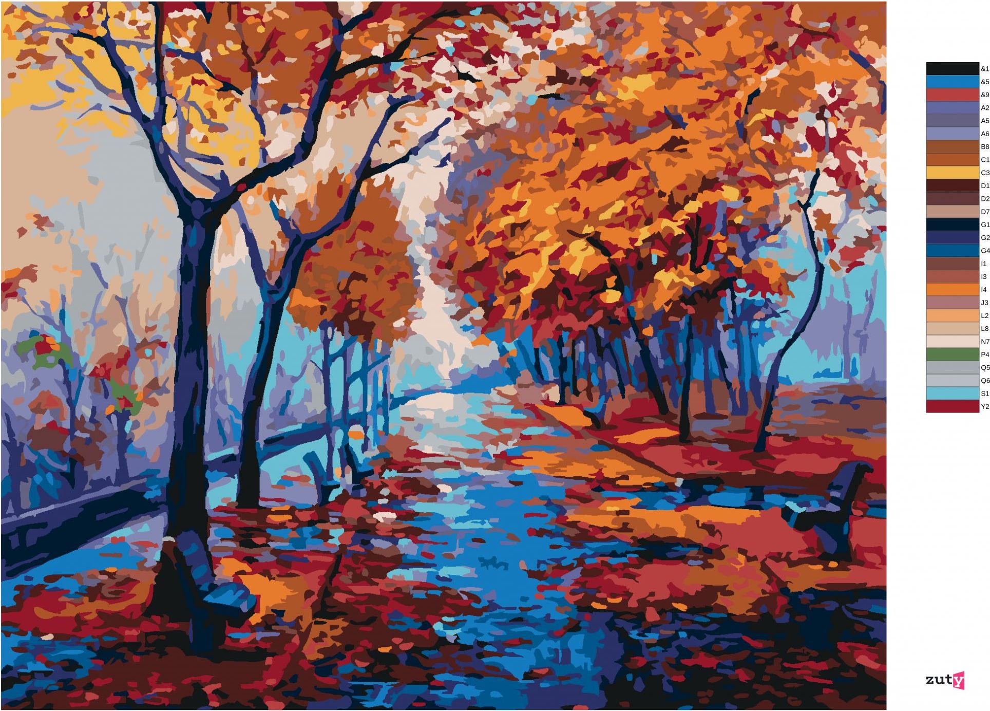 zuty Malování podle čísel - PODZIMNÍ LESOPARK S PRÁZDNÝMI LAVIČKAMI - Rozměr: 40x50 cm, Rámování: Varianta: vypnuté plátno na rám - obrázek 7