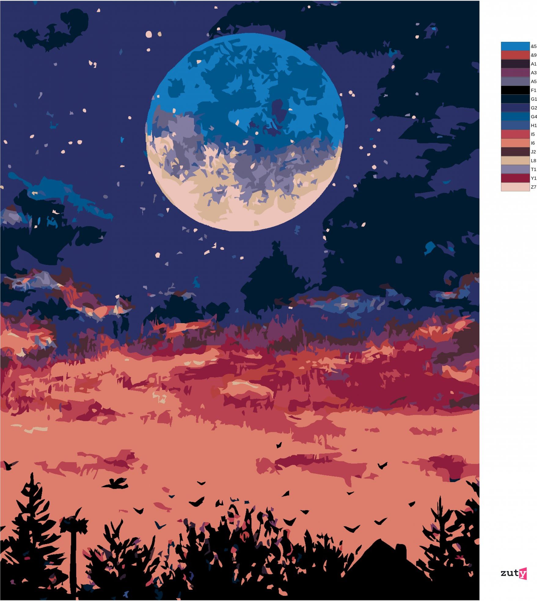 zuty Malování podle čísel - MĚSÍC NAD NOČNÍM MĚSTEM - Rozměr: 40x50 cm, Rámování: Varianta: bez rámu a bez vypnutí plátna - obrázek 9