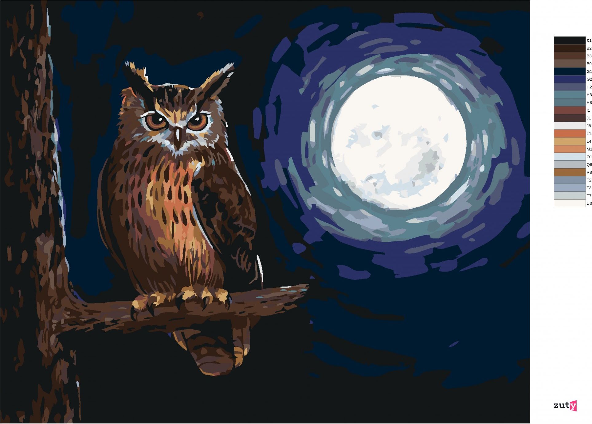 zuty Malování podle čísel - SOVA A SVIT MĚSÍCEv - Rozměr: 40x50 cm, Rámování: Varianta: vypnuté plátno na rám - obrázek 3
