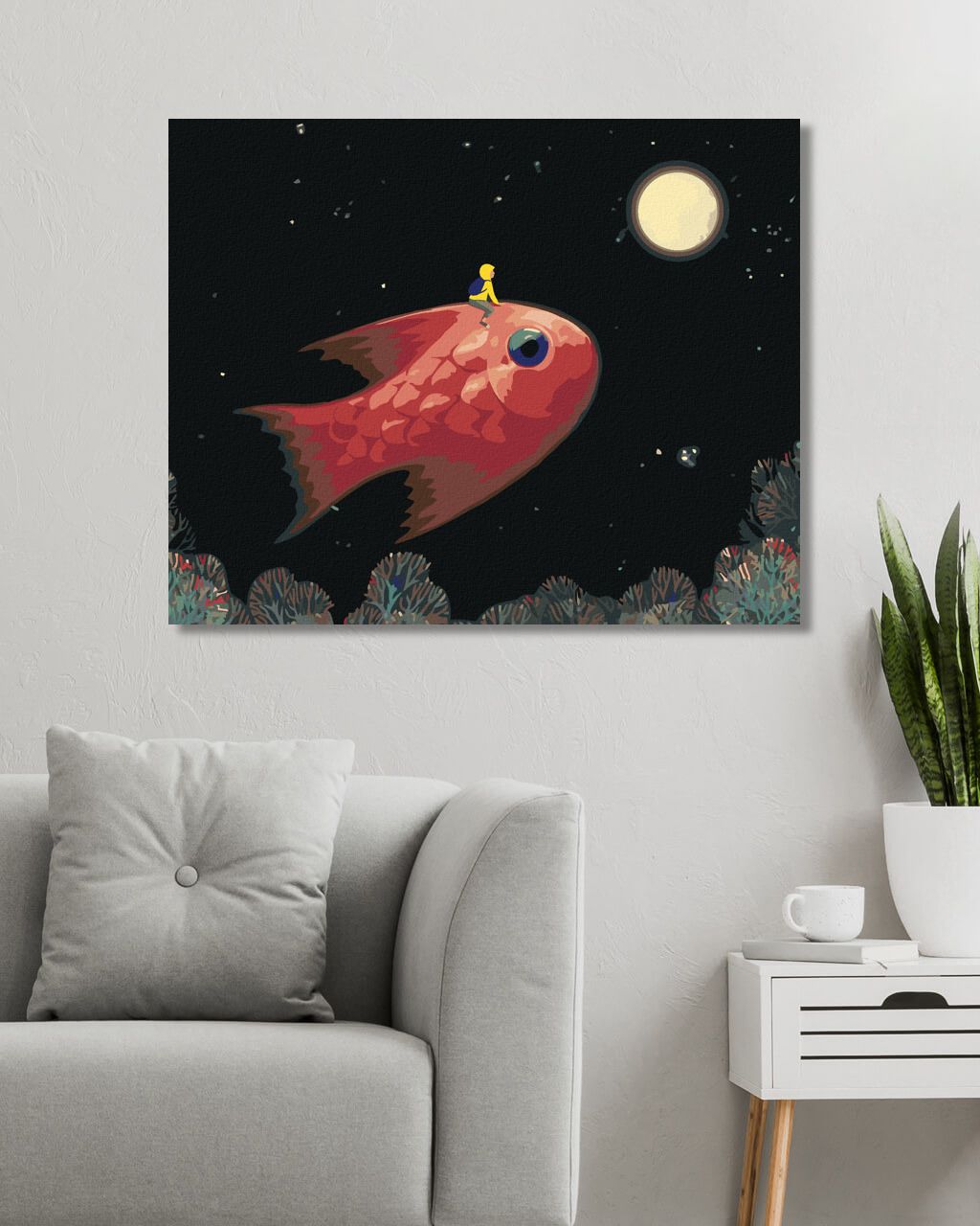 zuty Malování podle čísel - CHLAPEC S RYBOU MÍŘÍCÍ NA MĚSÍC - Rozměr: 40x50 cm, Rámování: Varianta: vypnuté plátno na rám - obrázek 2