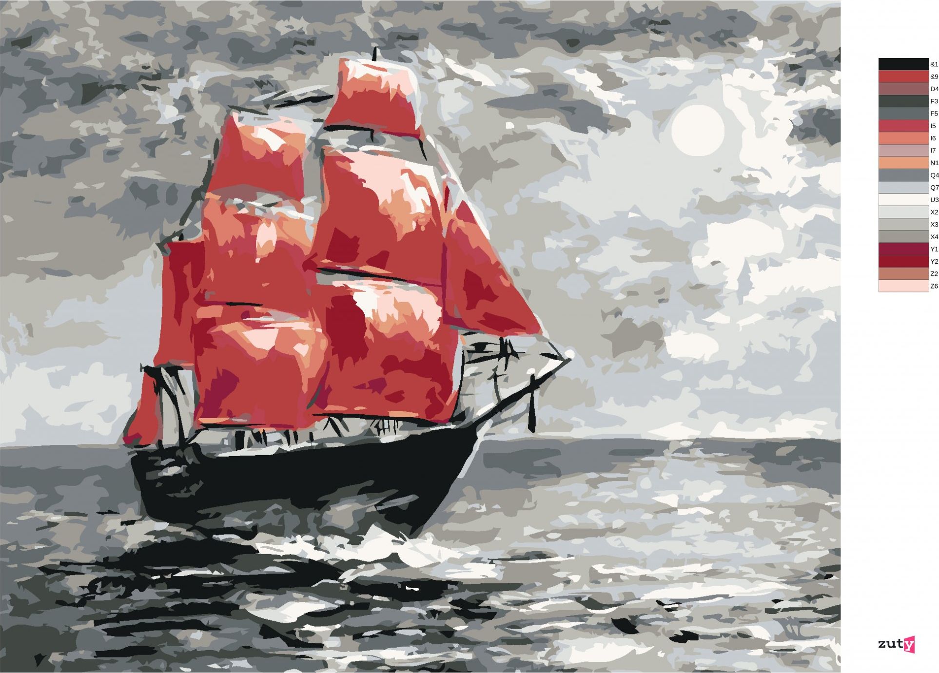zuty Malování podle čísel - MĚSÍČNÍ SVIT A PLACHETNICE NA MOŘI - Rozměr: 40x50 cm, Rámování: Varianta: vypnuté plátno na rám - obrázek 4