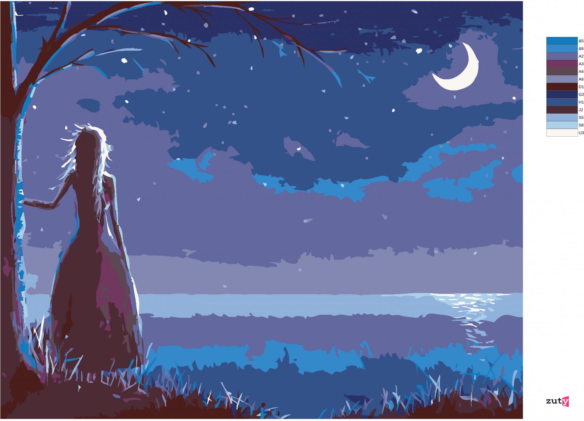 zuty Malování podle čísel - PRINCEZNA DÍVAJÍCÍ SE NA MĚSÍC - Rozměr: 40x50 cm, Rámování: Varianta: bez rámu a bez vypnutí plátna - obrázek 6