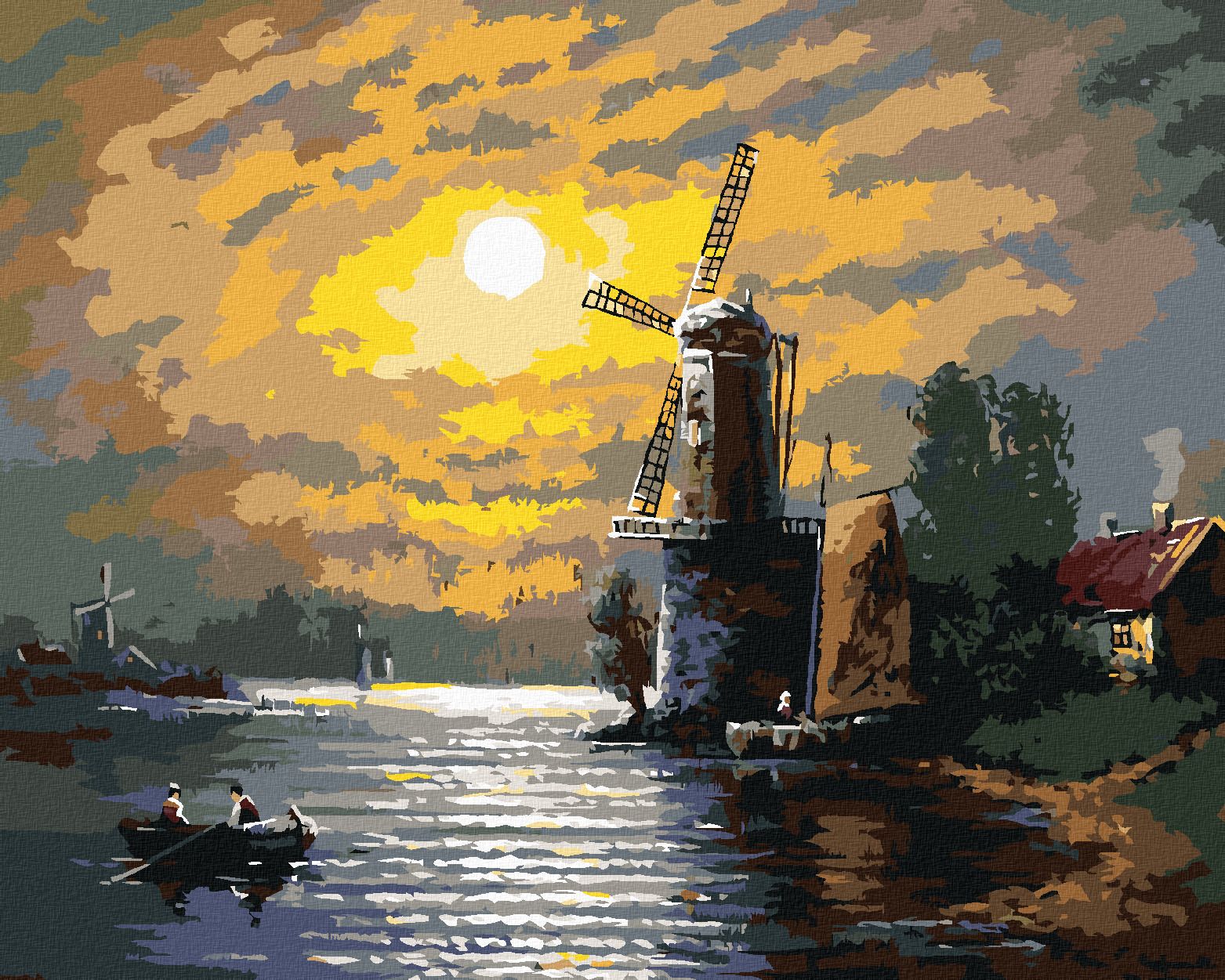 zuty Malování podle čísel - MĚSÍC, MLÝN A LOĎKA - Rozměr: 40x50 cm, Rámování: Varianta: bez rámu a bez vypnutí plátna - obrázek 1