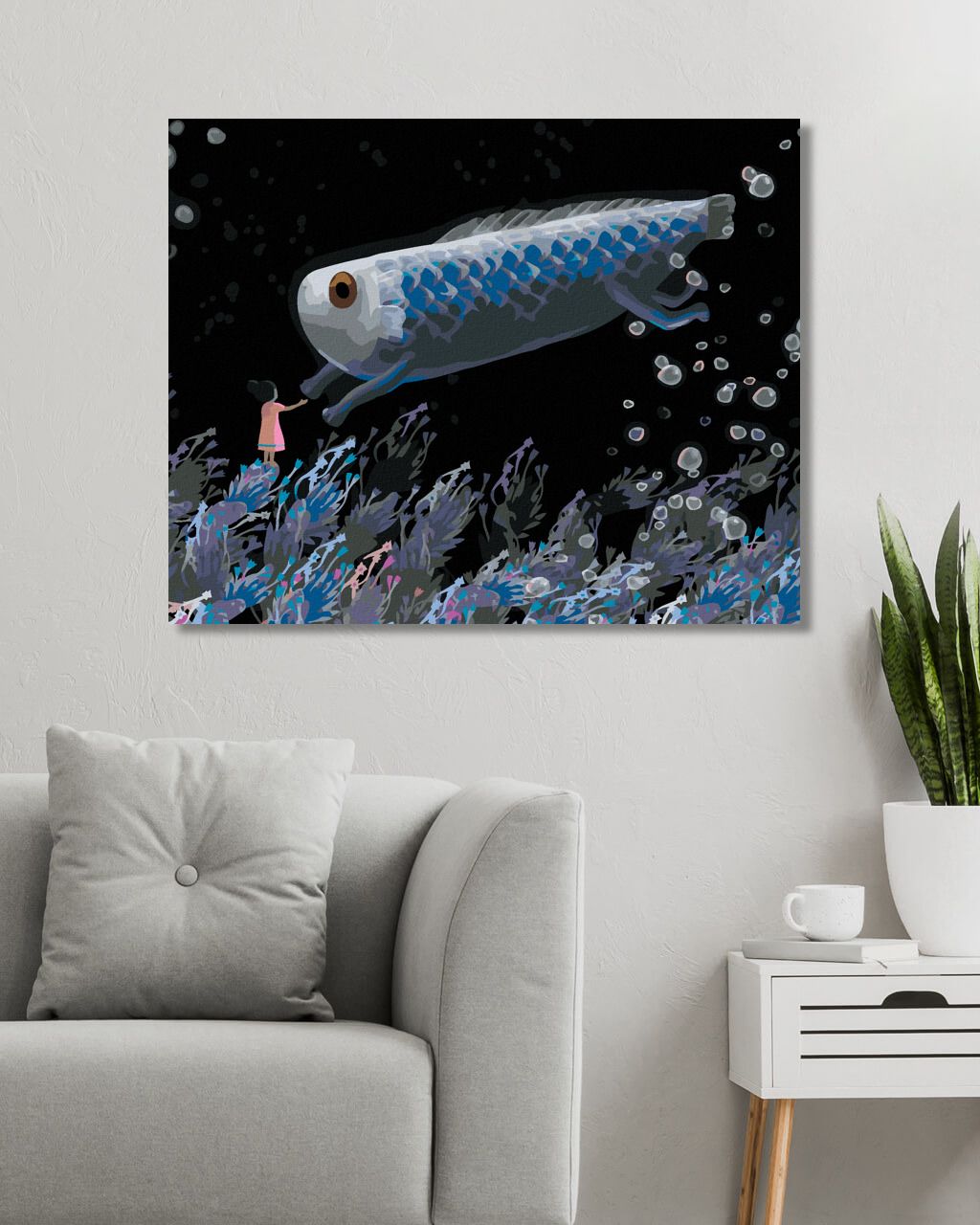 zuty Malování podle čísel - HOLČIČKA S OBŘÍ RYBOU - Rozměr: 40x50 cm, Rámování: Varianta: vypnuté plátno na rám - obrázek 3