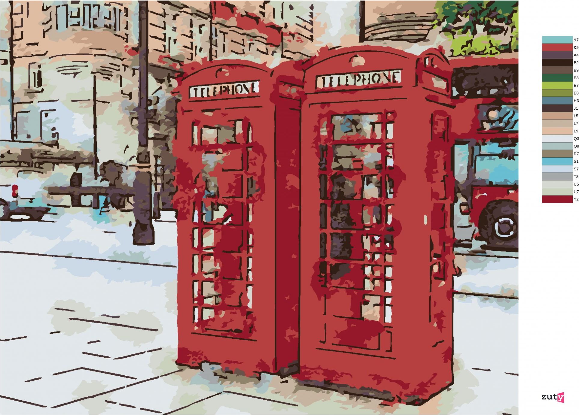 zuty Malování podle čísel - DVĚ TELEFONNÍ BUDKY V LONDÝNĚ - Rozměr: 40x50 cm, Rámování: Varianta: bez rámu a bez vypnutí plátna - obrázek 4