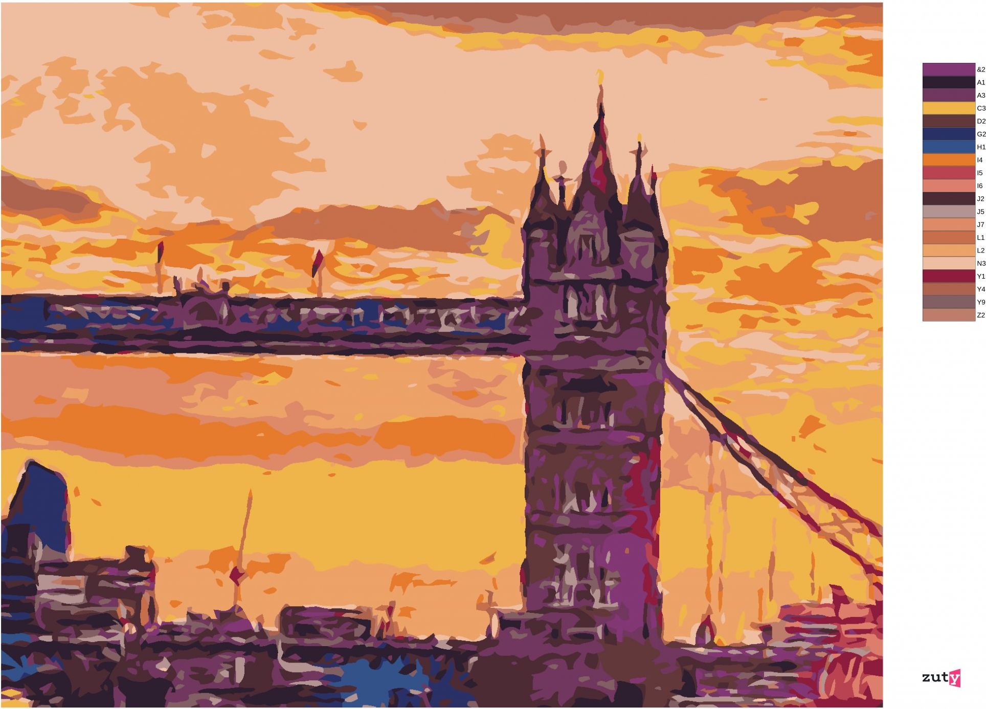 zuty Malování podle čísel - LONDÝNSKÝ TOWER BRIDGE PŘI ZÁPADU SLUNCE - Rozměr: 40x50 cm, Rámování: Varianta: bez rámu a bez vypnutí plátna - obrázek 10