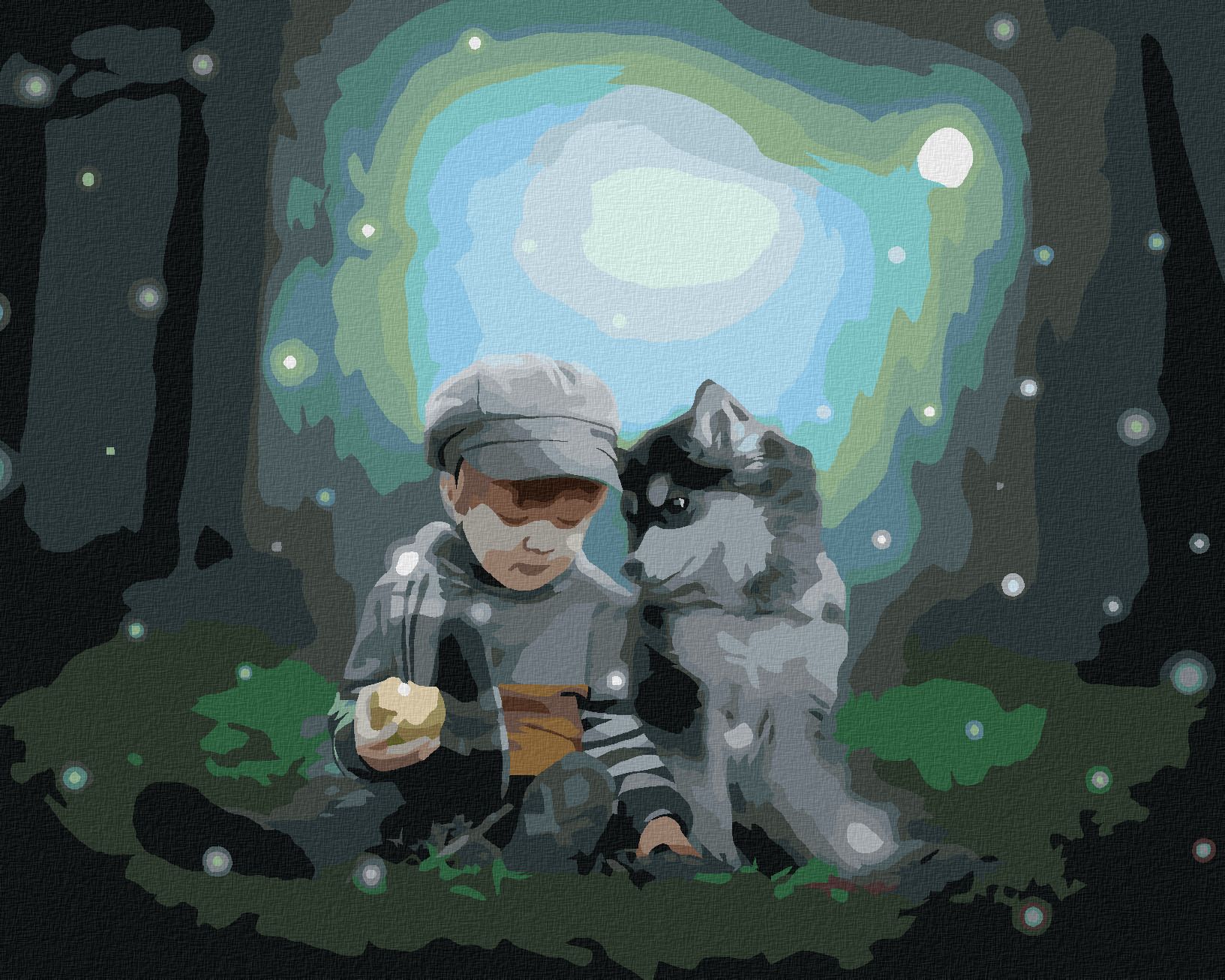 zuty Malování podle čísel - HUSKY A CHLAPEČEK V LESE - Rozměr: 40x50 cm, Rámování: Varianta: bez rámu a bez vypnutí plátna - obrázek 1