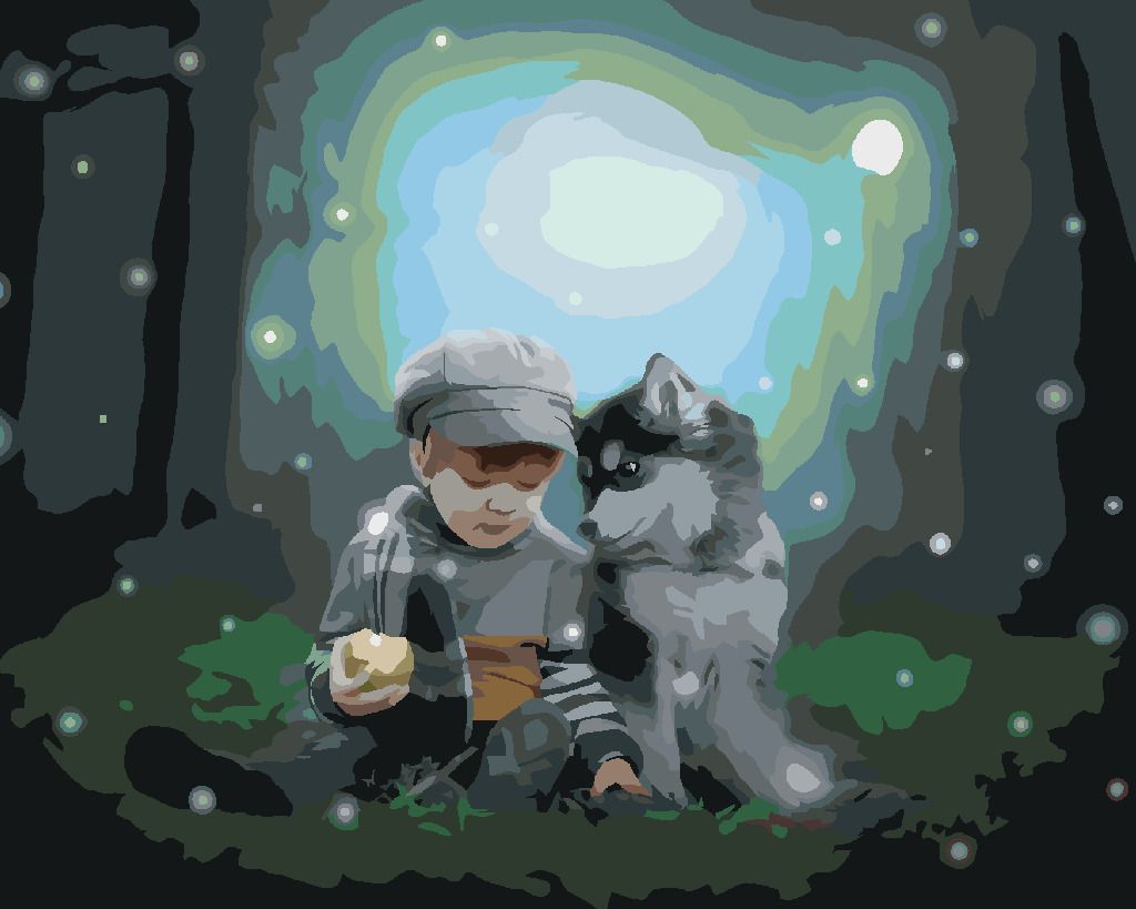 zuty Malování podle čísel - HUSKY A CHLAPEČEK V LESE - Rozměr: 40x50 cm, Rámování: Varianta: bez rámu a bez vypnutí plátna - obrázek 3