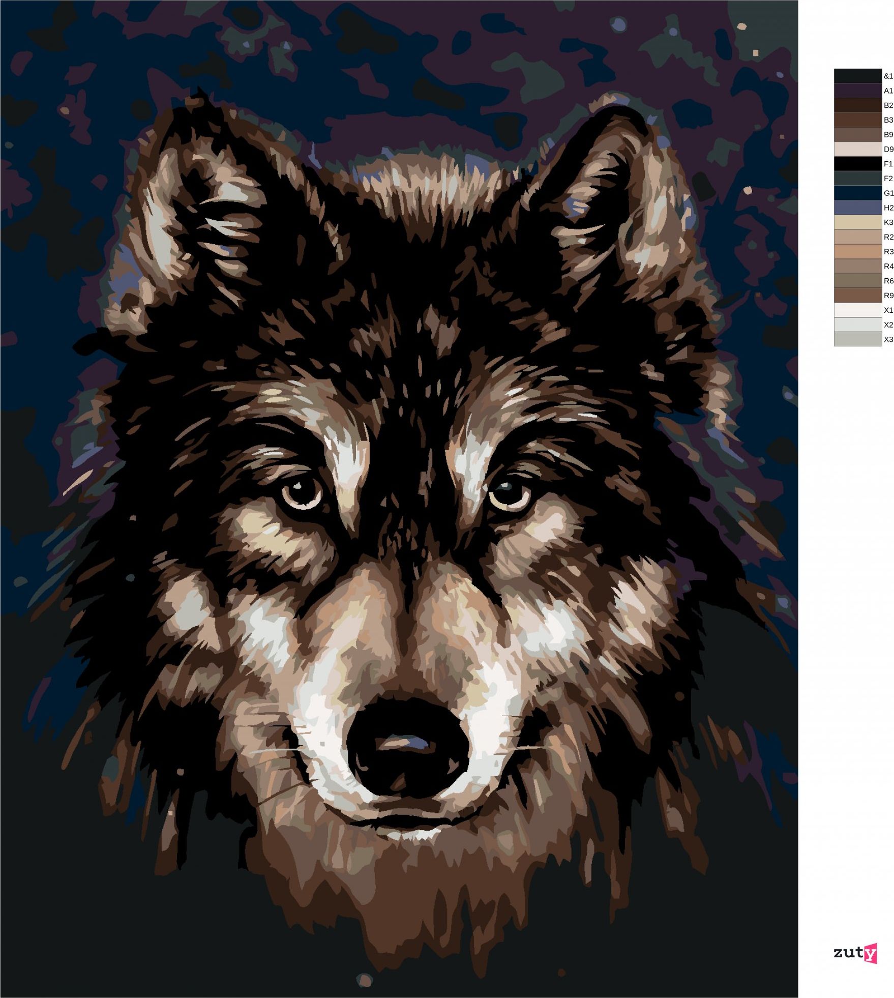 zuty Malování podle čísel - HLAVA HUSKYHO NA TMAVÉM POZADÍ - Rozměr: 40x50 cm, Rámování: Varianta: bez rámu a bez vypnutí plátna - obrázek 5
