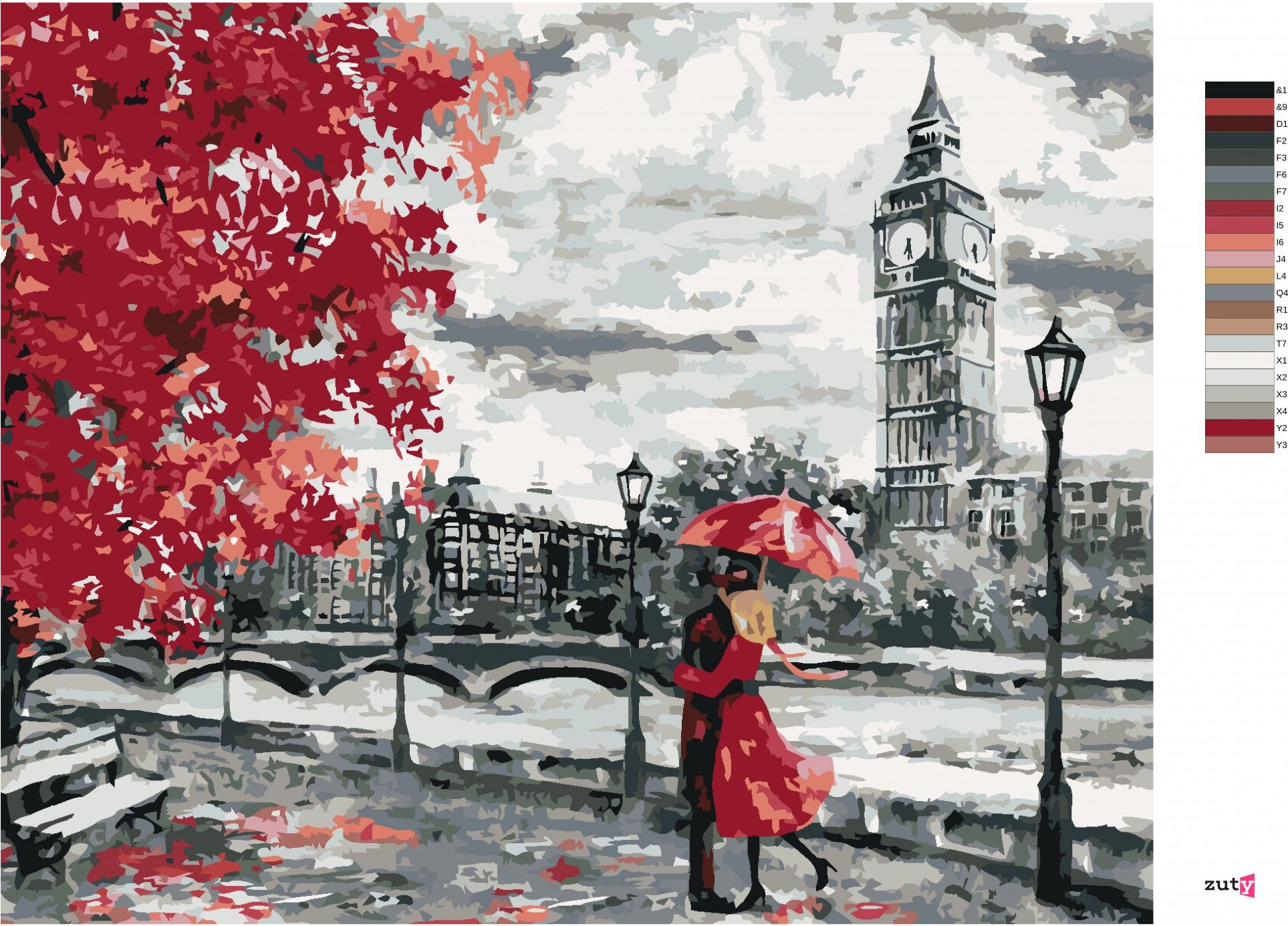 zuty Malování podle čísel - MILUJÍCÍ PÁR V LONDÝNĚ - Rozměr: 40x50 cm, Rámování: Varianta: bez rámu a bez vypnutí plátna - obrázek 2