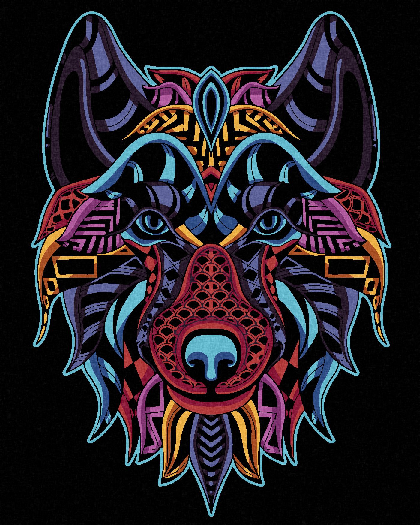 zuty Malování podle čísel - BAREVNÝ VLK NA ČERNÉM POZADÍ - Rozměr: 40x50 cm, Rámování: Varianta: vypnuté plátno na rám - obrázek 1