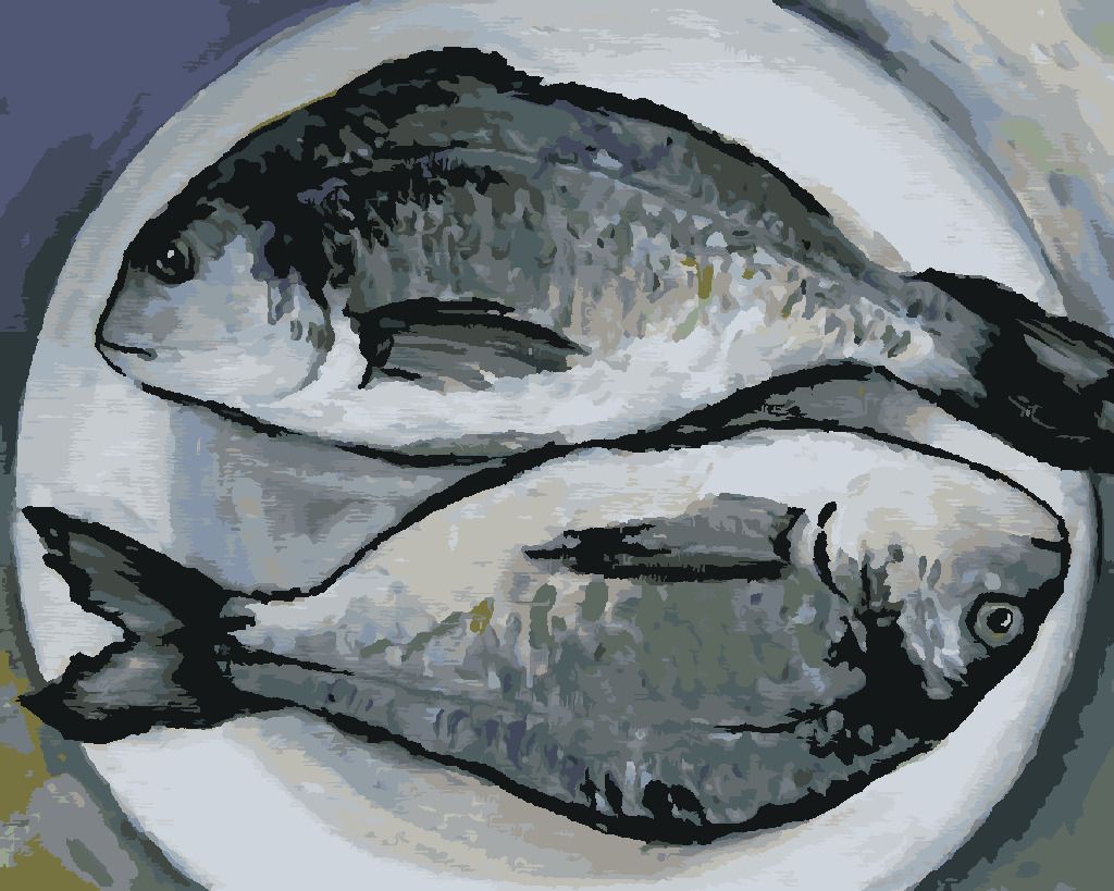 zuty Malování podle čísel - RYBY NA TALÍŘI - Rozměr: 40x50 cm, Rámování: Varianta: bez rámu a bez vypnutí plátna - obrázek 2