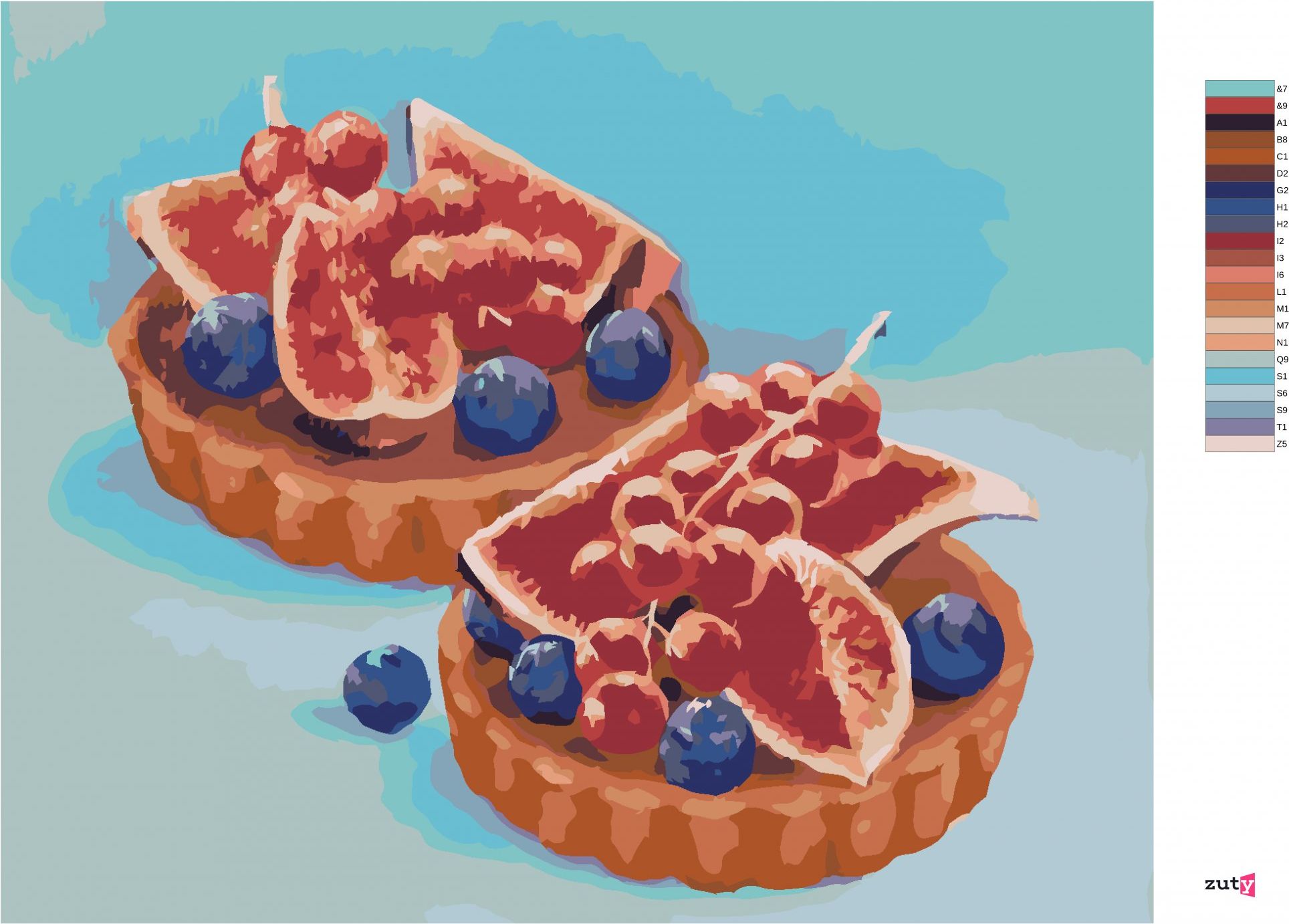 zuty Malování podle čísel - FÍKOVÉ TARTALETKY (MYROSLAVA VOLOSCHUK) - Rozměr: 40x50 cm, Rámování: Varianta: bez rámu a bez vypnutí plátna - obrázek 5
