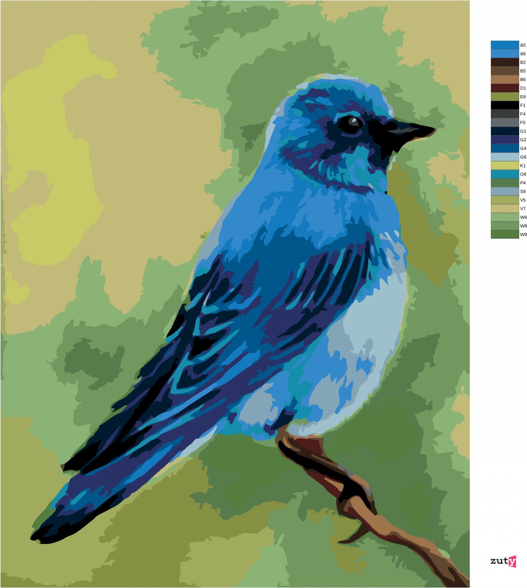 zuty Malování podle čísel - MODRÝ PTÁČEK 2 (MYROSLAVA VOLOSCHUK) - Rozměr: 40x50 cm, Rámování: Varianta: bez rámu a bez vypnutí plátna - obrázek 2