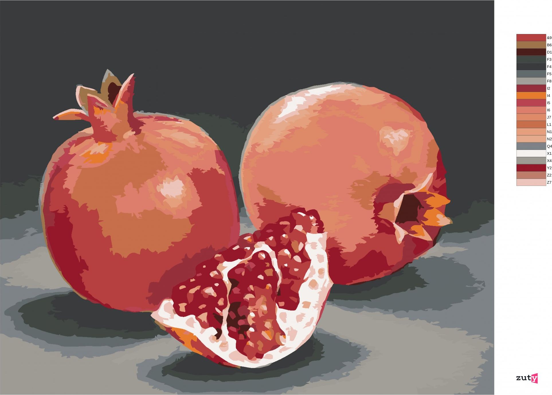 zuty Malování podle čísel - GRANÁTOVÉ JABLKO 3 (MYROSLAVA VOLOSCHUK) - Rozměr: 40x50 cm, Rámování: Varianta: bez rámu a bez vypnutí plátna - obrázek 3
