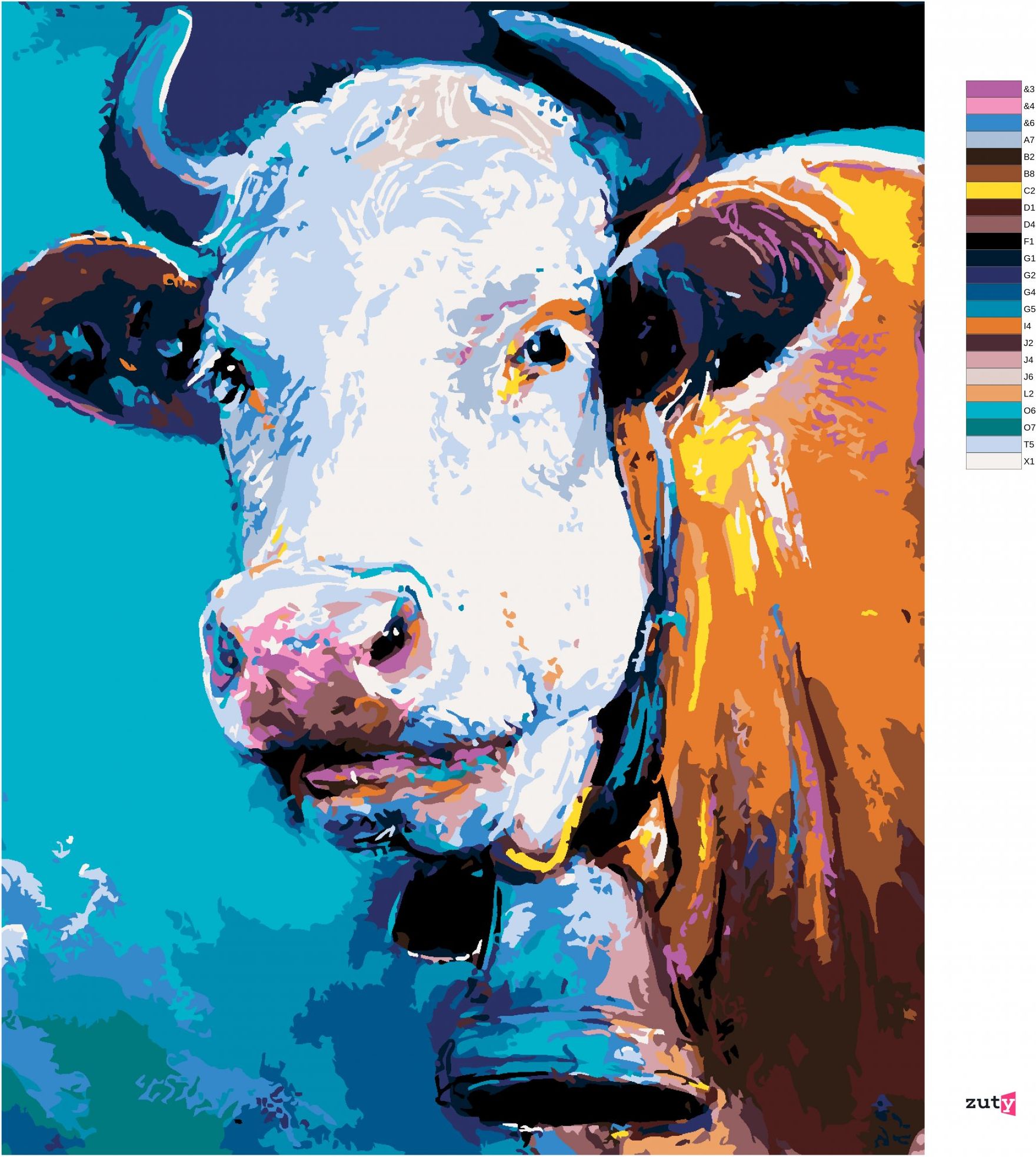 zuty Malování podle čísel - KRÁVA NA MODRÉM POZADÍ - Rozměr: 40x50 cm, Rámování: Varianta: vypnuté plátno na rám - obrázek 8