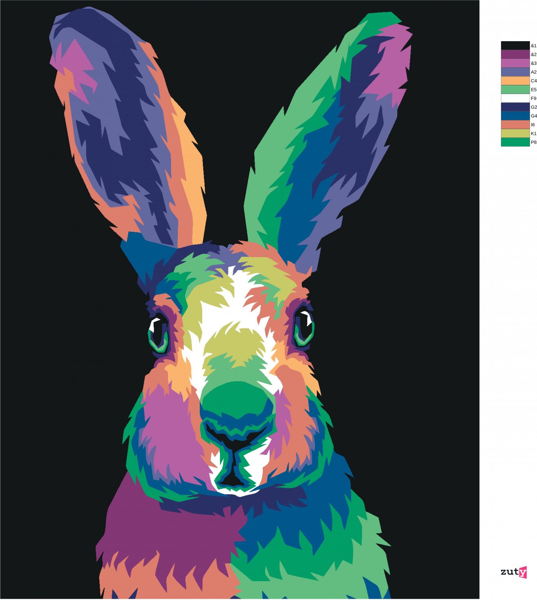zuty Malování podle čísel - POP-ART KRÁLÍK NA ČERNÉM POZADÍ - Rozměr: 40x50 cm, Rámování: Varianta: bez rámu a bez vypnutí plátna - obrázek 4