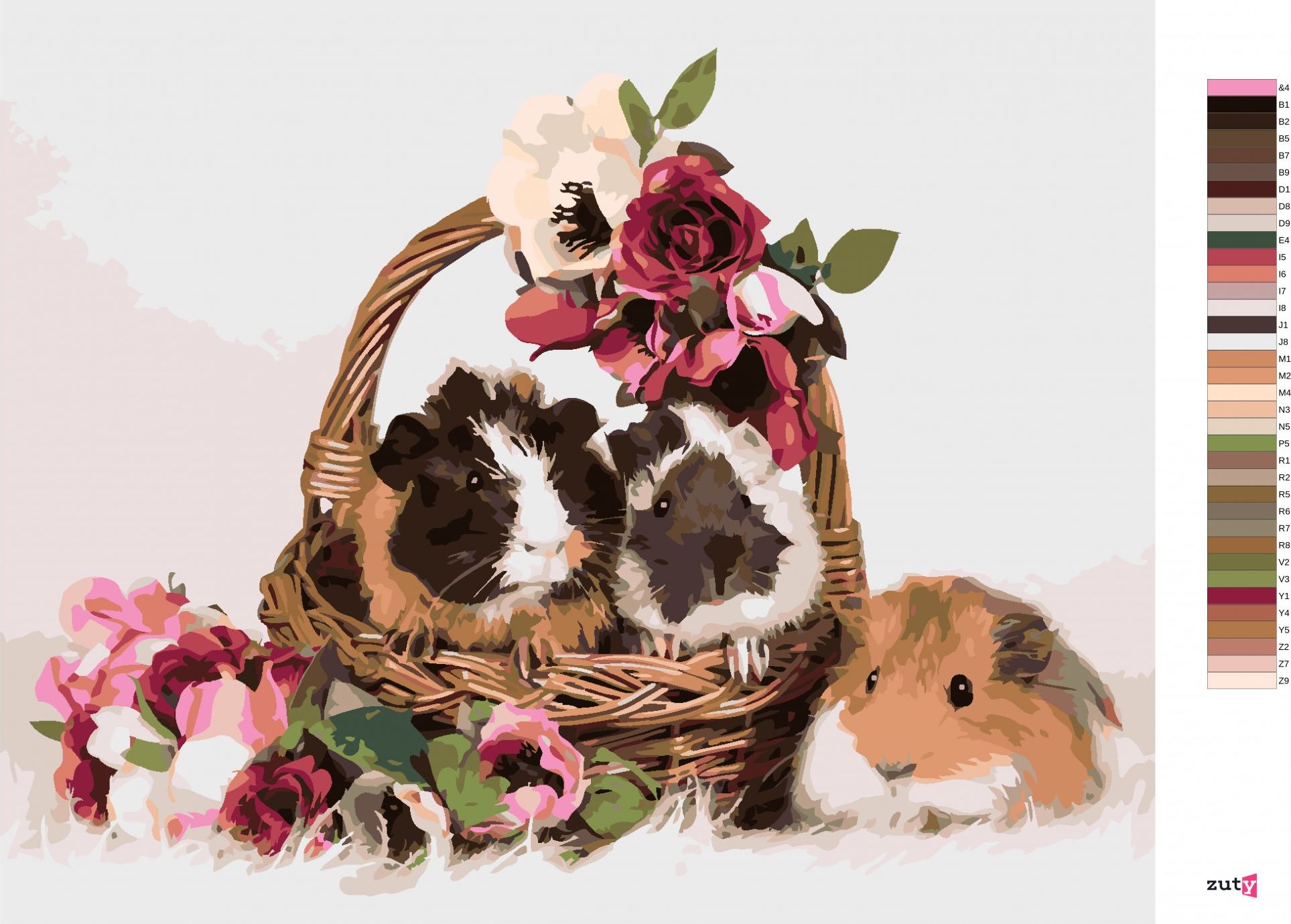 zuty Malování podle čísel - MORČATA V KOŠÍKU S KVĚTINAMI - Rozměr: 40x50 cm, Rámování: Varianta: bez rámu a bez vypnutí plátna - obrázek 7