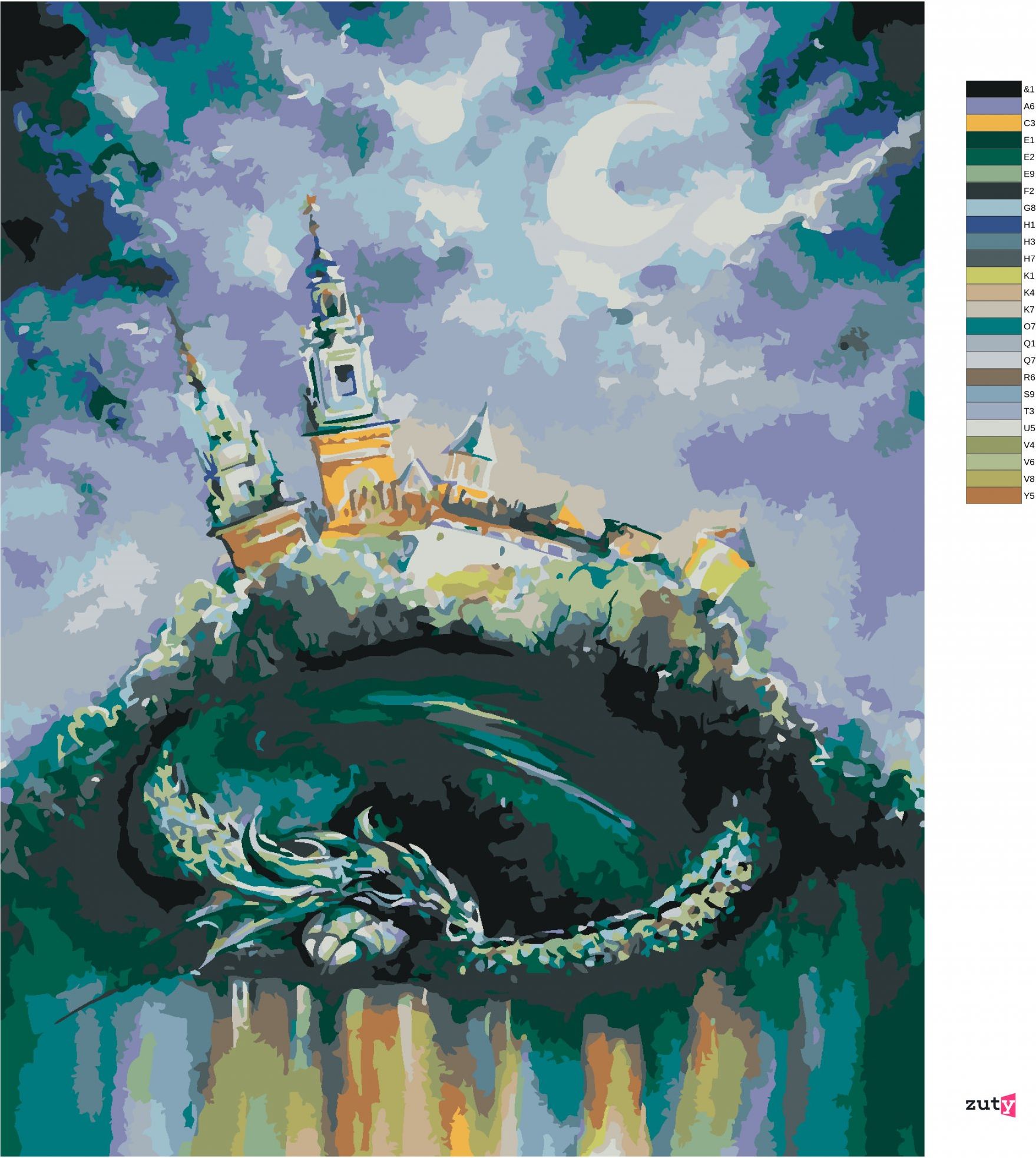 zuty Malování podle čísel - DRAK SPÍCÍ POD ZÁMKEM - Rozměr: 40x50 cm, Rámování: Varianta: bez rámu a bez vypnutí plátna - obrázek 7