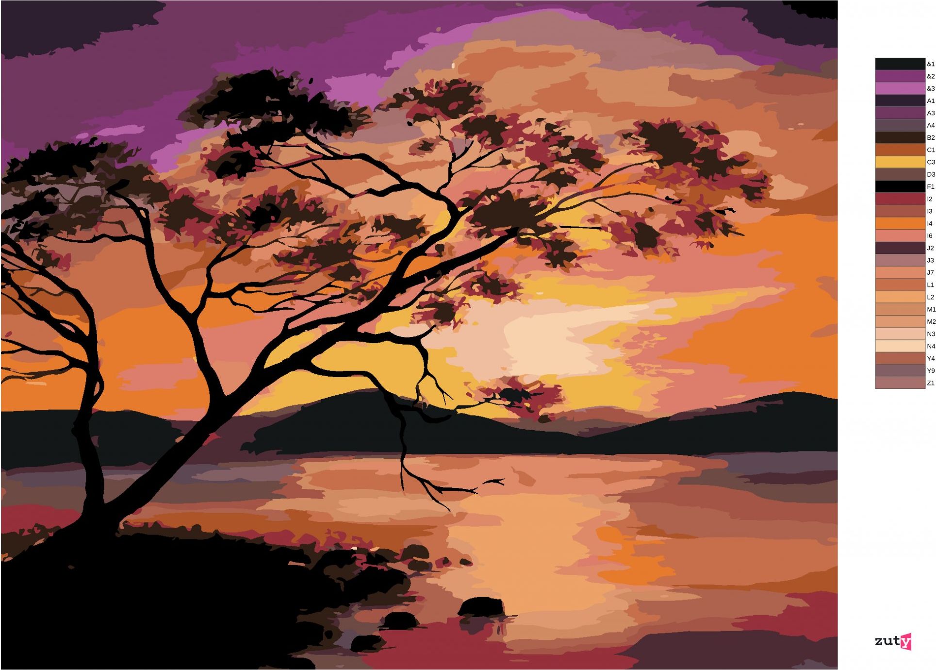 zuty Malování podle čísel - BAREVNÝ ZÁPAD SLUNCE NAD PŘEHRADOU - Rozměr: 40x50 cm, Rámování: Varianta: vypnuté plátno na rám - obrázek 3