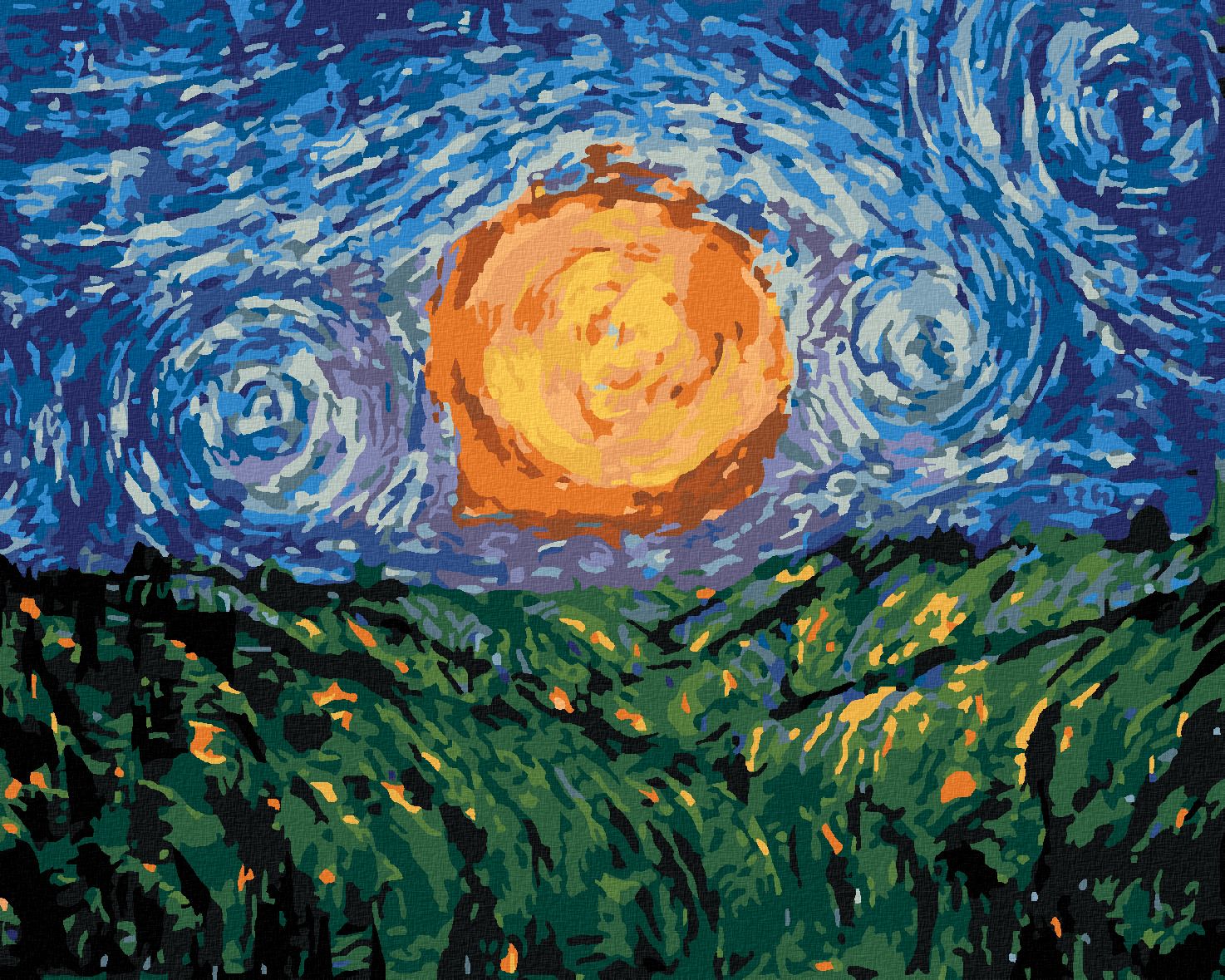 zuty Malování podle čísel - SLUNCE NA OBLOZE PODLE VAN GOGHA - Rozměr: 40x50 cm, Rámování: Varianta: vypnuté plátno na rám - obrázek 1