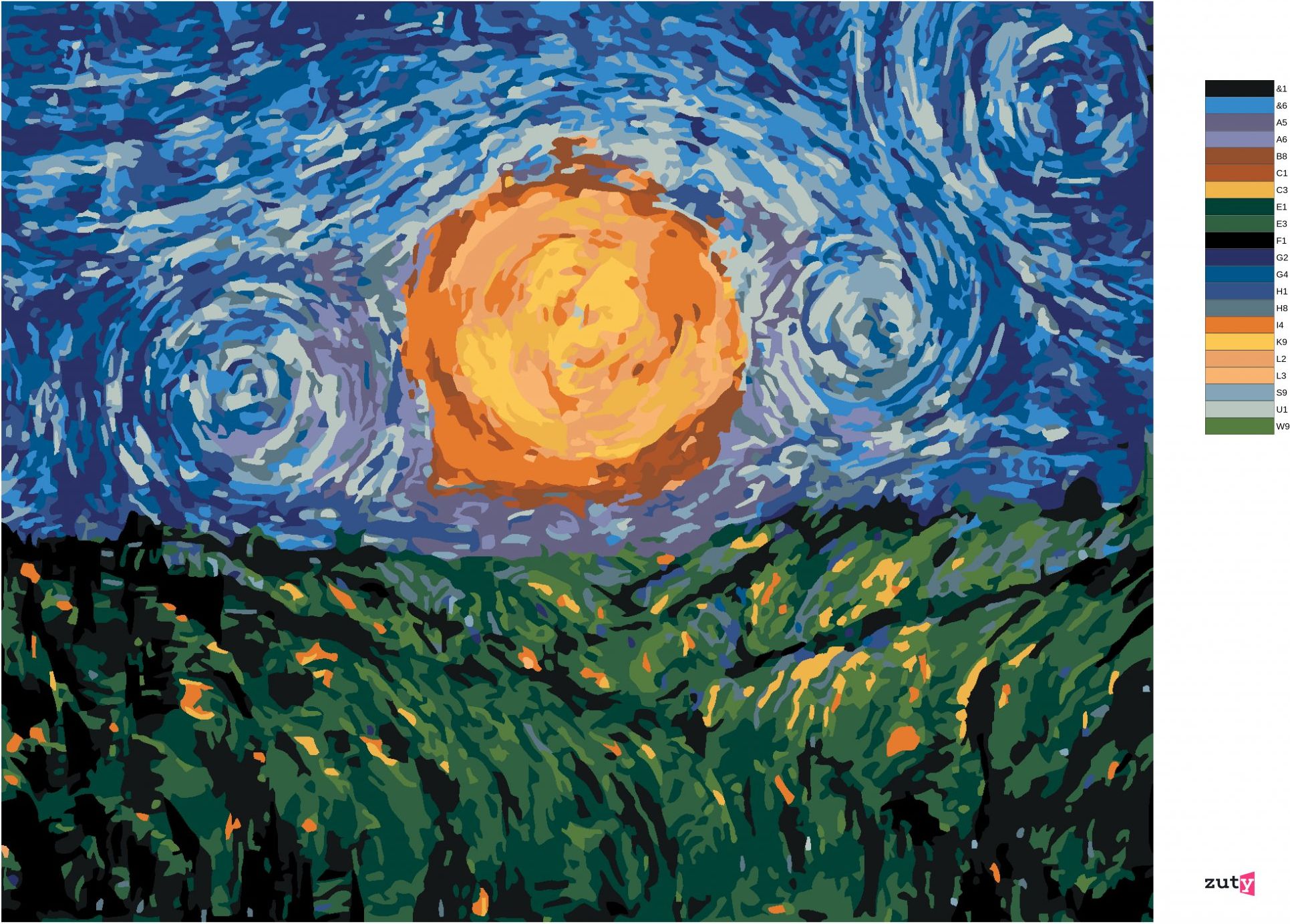 zuty Malování podle čísel - SLUNCE NA OBLOZE PODLE VAN GOGHA - Rozměr: 40x50 cm, Rámování: Varianta: vypnuté plátno na rám - obrázek 4