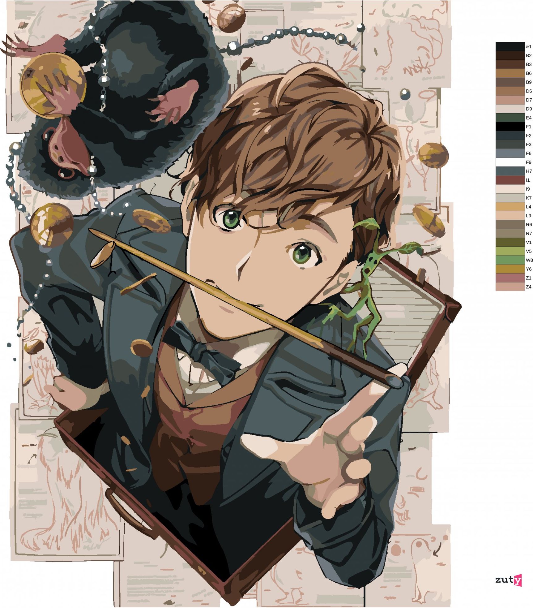zuty Malování podle čísel - KRESLENÝ MLOK SCAMANDER, KŮROLEZ VĚTVÍK A HRABÁK (FANTASTICKÁ ZVÍŘATA) - Rozměr: 40x50 cm, Rámování: Varianta: vypnuté plátno na rám - obrázek 2
