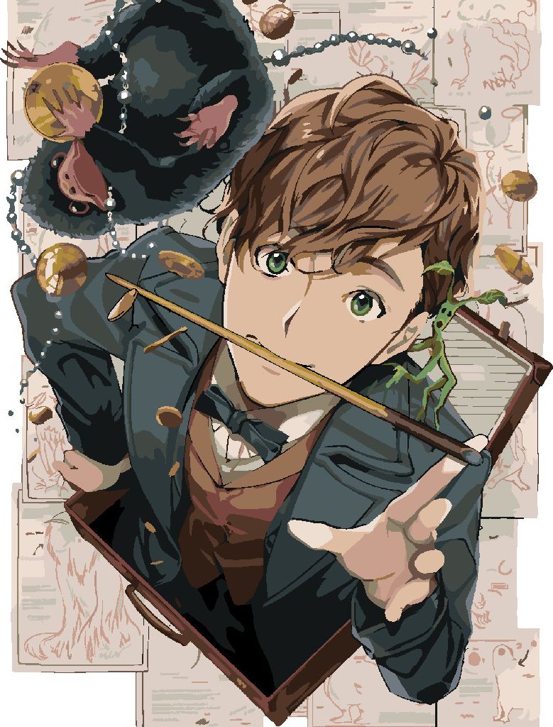 zuty Malování podle čísel - KRESLENÝ MLOK SCAMANDER, KŮROLEZ VĚTVÍK A HRABÁK (FANTASTICKÁ ZVÍŘATA) - Rozměr: 40x50 cm, Rámování: Varianta: vypnuté plátno na rám - obrázek 5