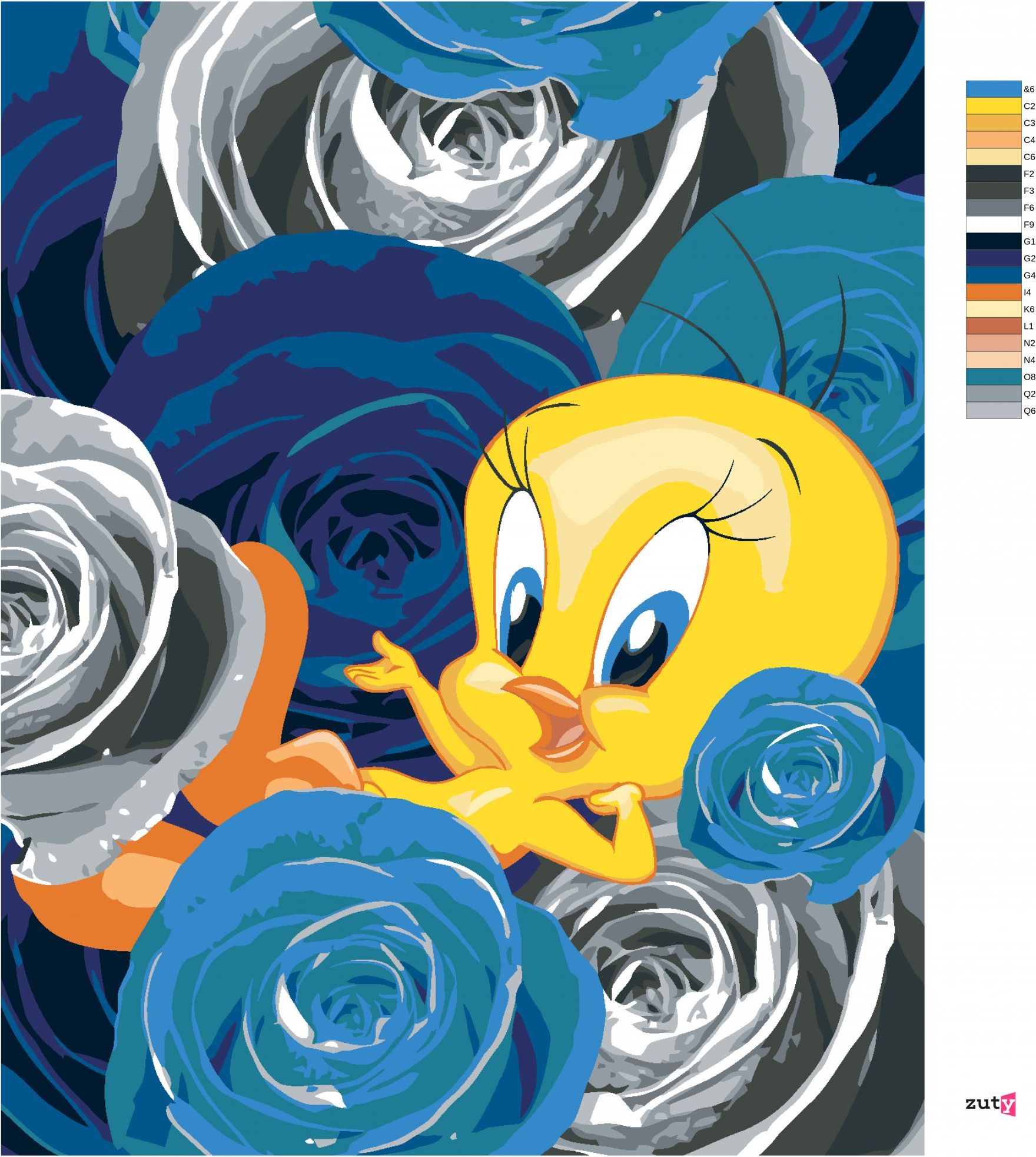 zuty Malování podle čísel - TWEETY A RŮŽE (LOONEY TUNES) - Rozměr: 40x50 cm, Rámování: Varianta: bez rámu a bez vypnutí plátna - obrázek 2