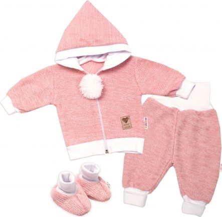Baby Nellys 3-dílná souprava Hand made, pletený kabátek, kalhoty a botičky, růžová - obrázek 1