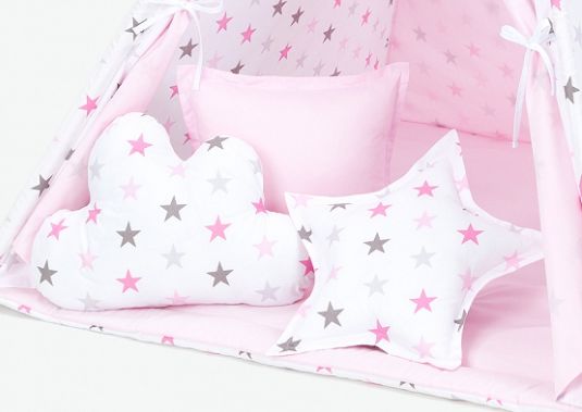 Baby Nellys Polštáře pro stan teepee, týpí - hvězdy šedé a růžové/světle růžová - obrázek 1