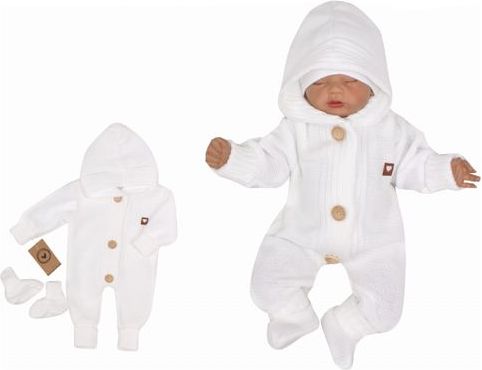 Z& Z Dětský pletený overálek s kapucí + botičky, bílý, vel. 80 - 80 (9-12m) - obrázek 1